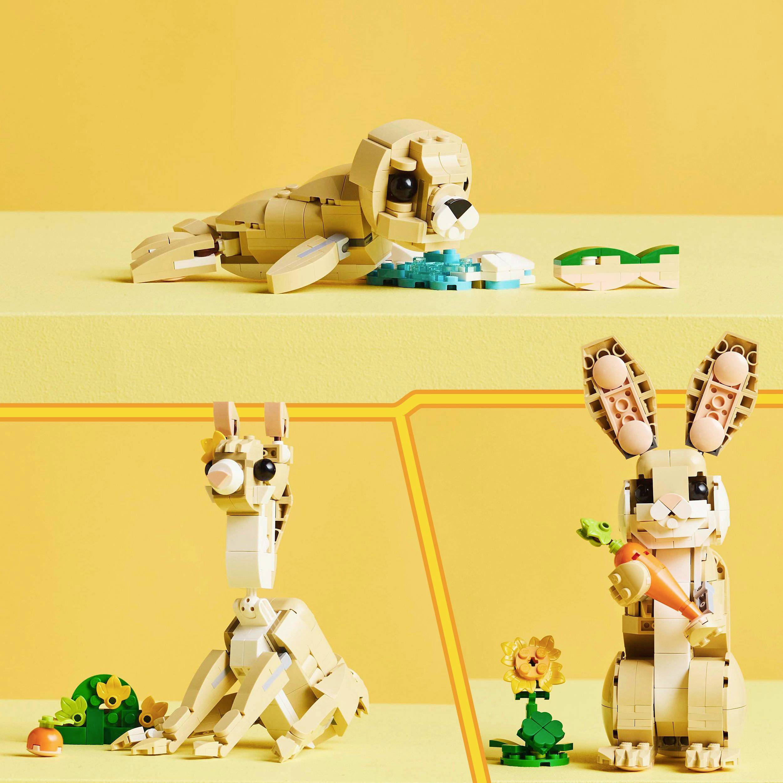 Lego modely: Hore šteniatko s kosťou, dole vľavo mláďa žirafy, dole vpravo zajac s mrkvou a kvetom.