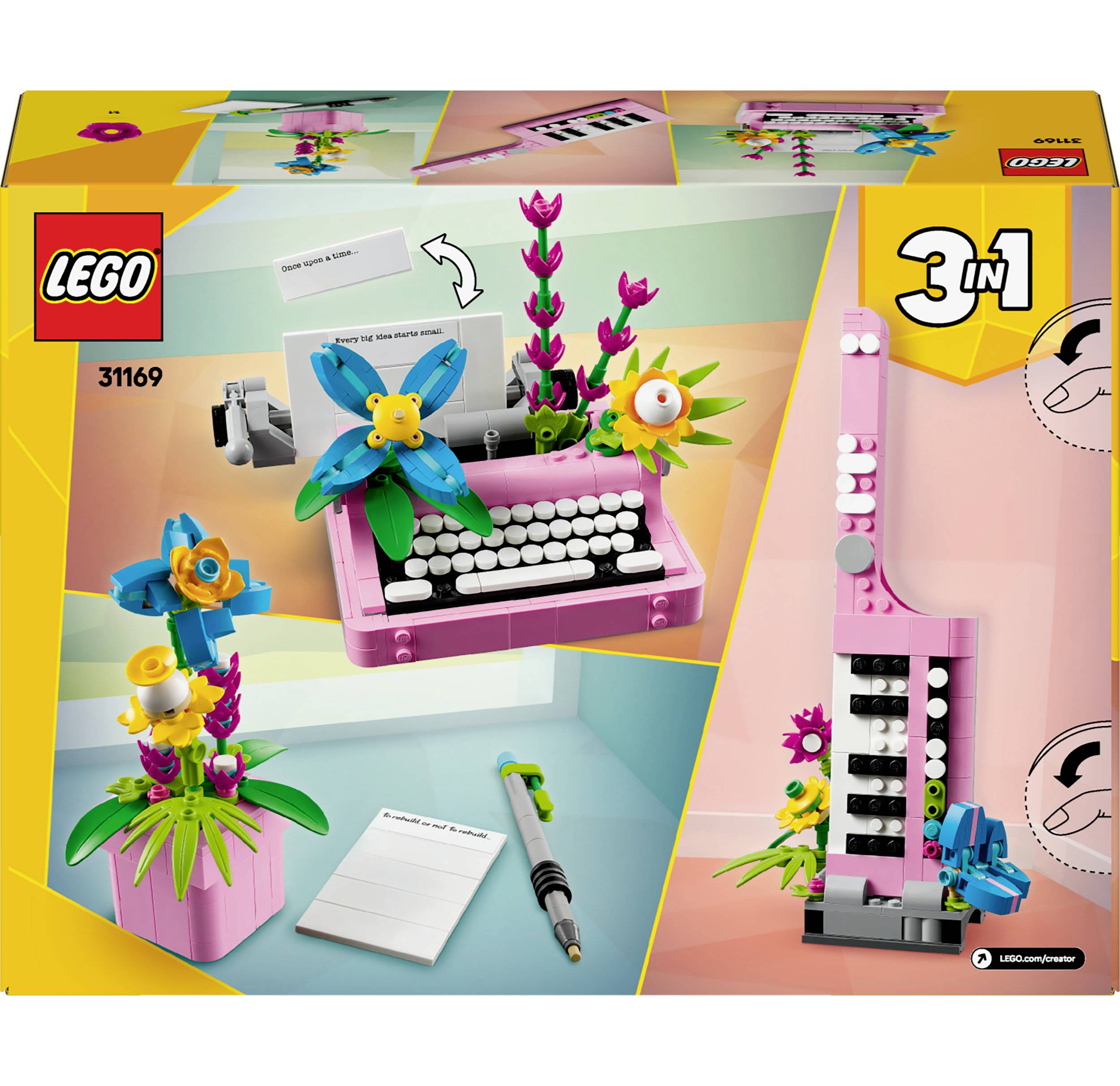 LEGO-súprava 31169: 3-v-1 Retro písací stroj, kvetinová kompozícia a alternatívna vertikálna stavba, prepracovaná pre kreatívnu hru.