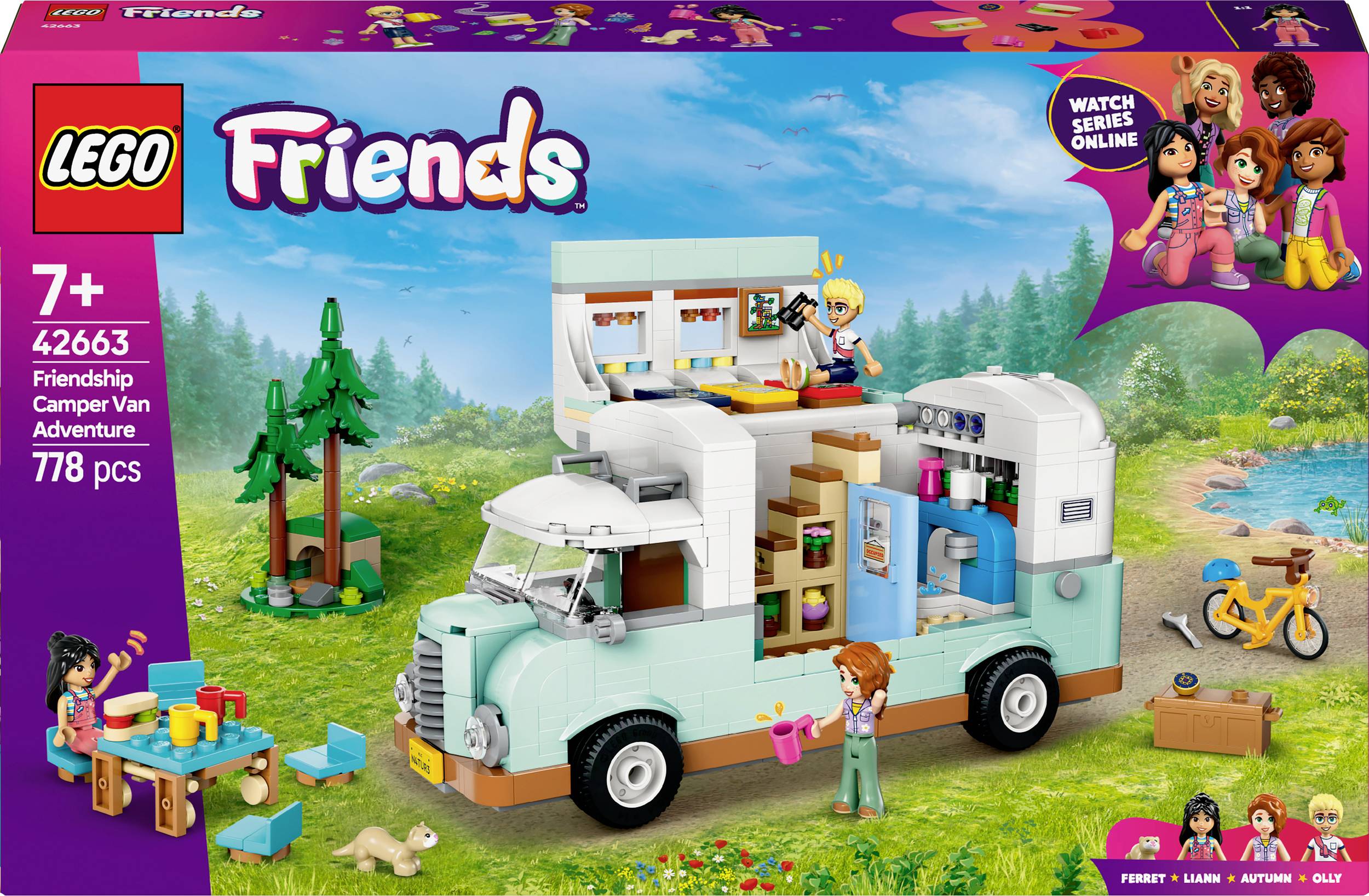 Lego stavebnica 'Friends: Dobrodružstvo s obytným autom', zobrazuje obytný van a figúrky v lesnej scéne. Obsahuje 778 dielov, vhodná pre deti od 7 rokov.