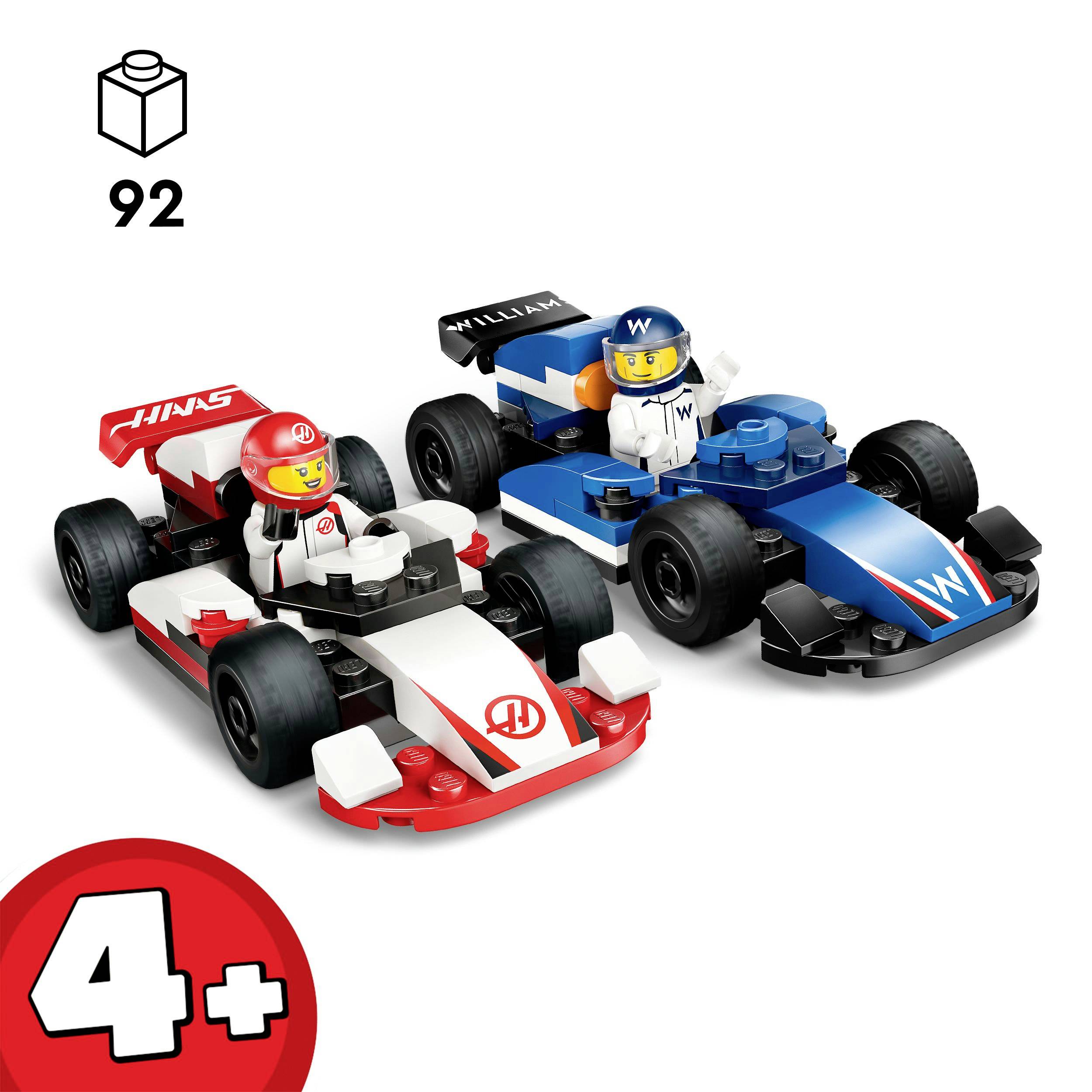 Dva farebné Lego pretekárske autá s figúrkami, červené a modré, na bielom pozadí. Vľavo hore '92' a kocka, dole '4+'.