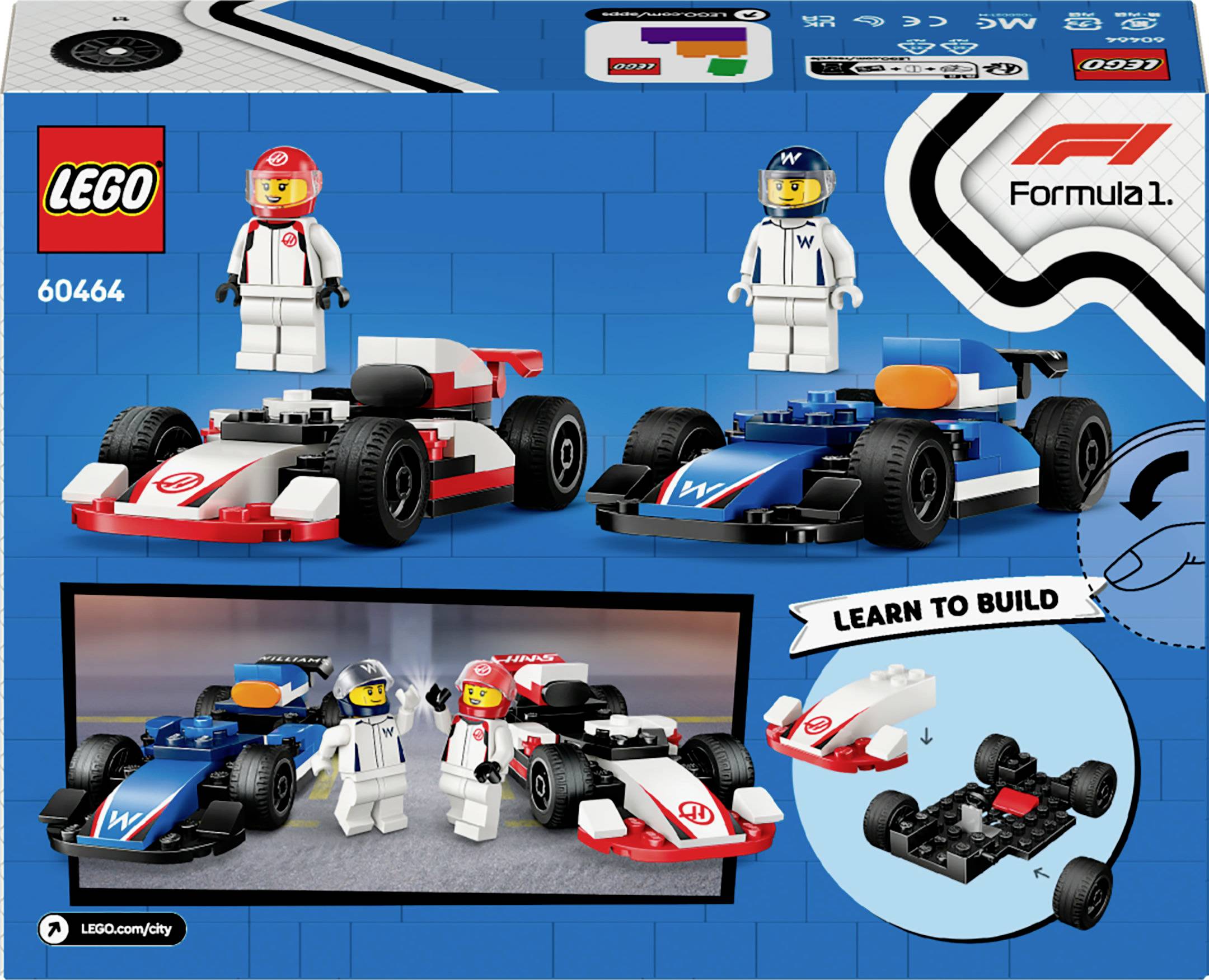 LEGO-Set 60464: Dva pretekarské vozy a figúrky jazdcov. Vpravo hore 'F1 Formula 1'. Obrázok návodu znázorňuje postup zostavovania a hotové modely.