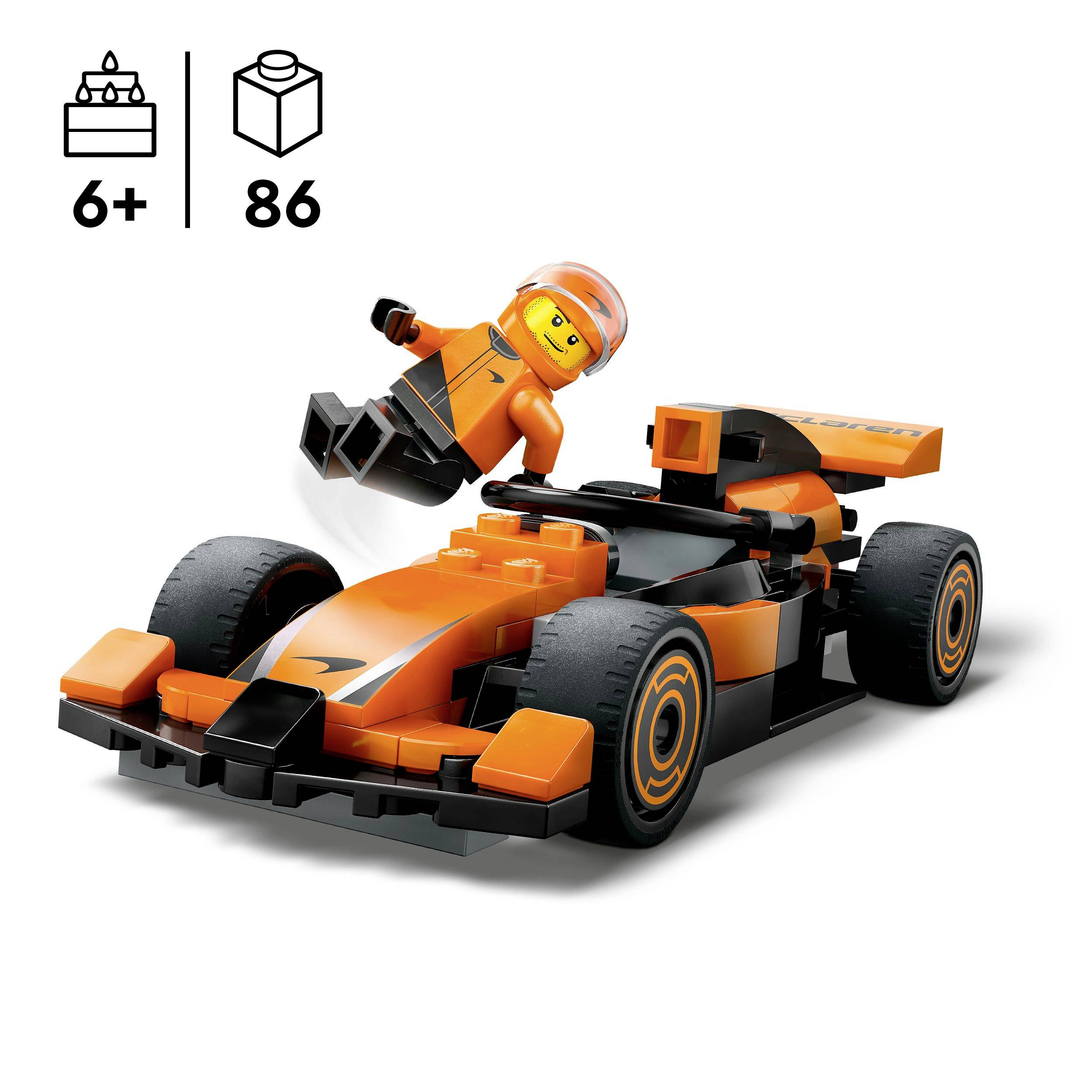 Lego súprava s oranžovým pretekárskym autom a minifigúrkou. Od 6 rokov, 86 dielov. Pretekár skáče cez auto. Ideálne pre hru a zberateľstvo.