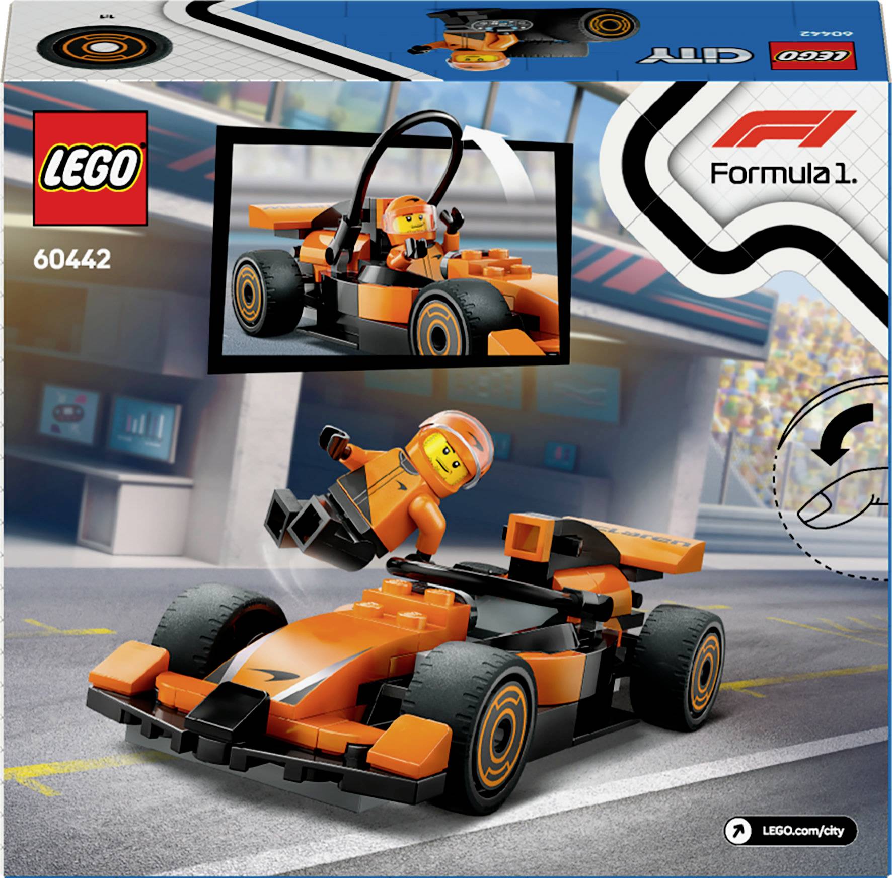 LEGO-set '60442' zobrazuje oranžový formula 1 pretekársky automobil s vodičom. Obsahuje logo LEGO a F1 na obale.