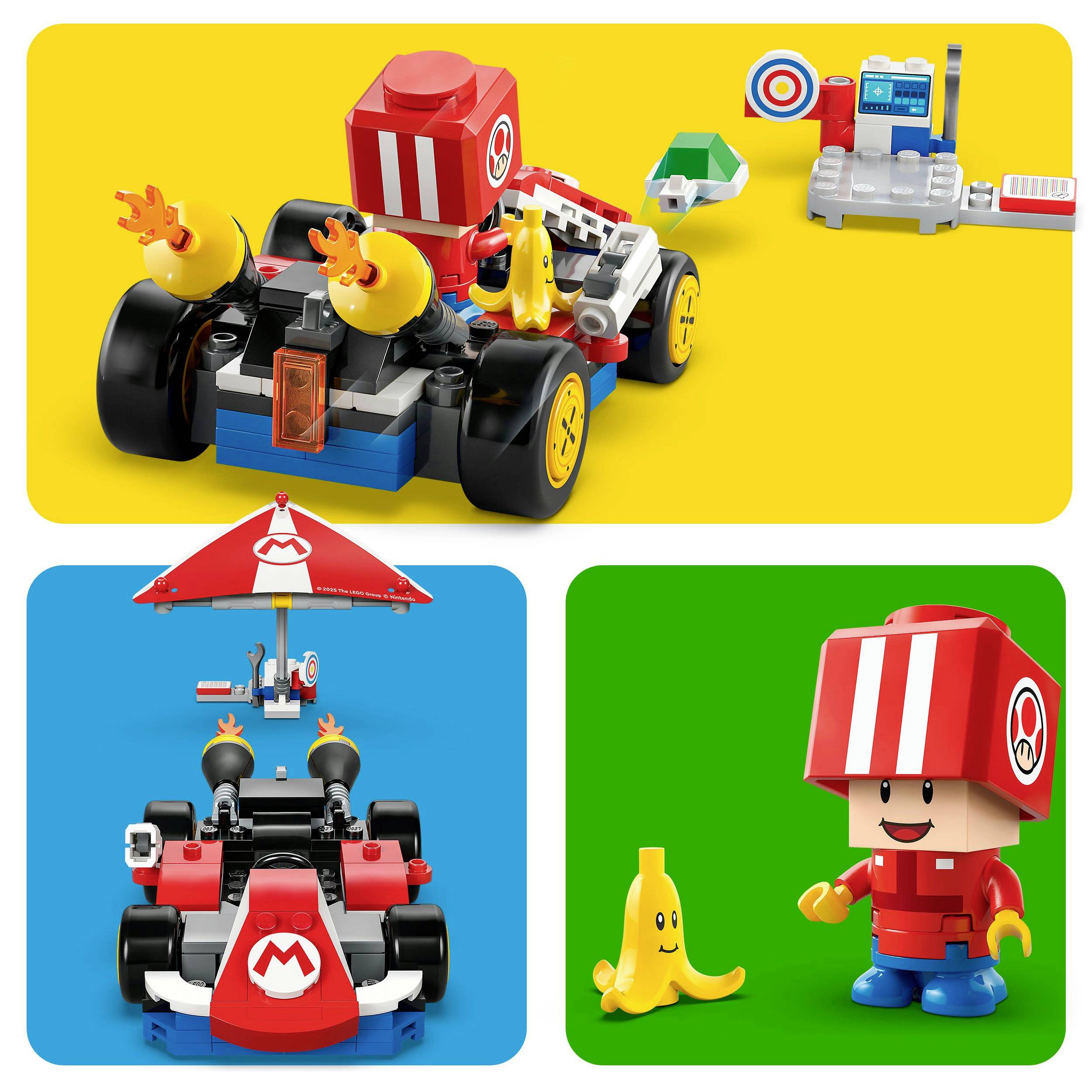 Tri obrázky LEGO Mario Kart súpravy s pretekárskym autom, cieľovou čiarou a príslušenstvom hernej figúrky na farebnom pozadí.