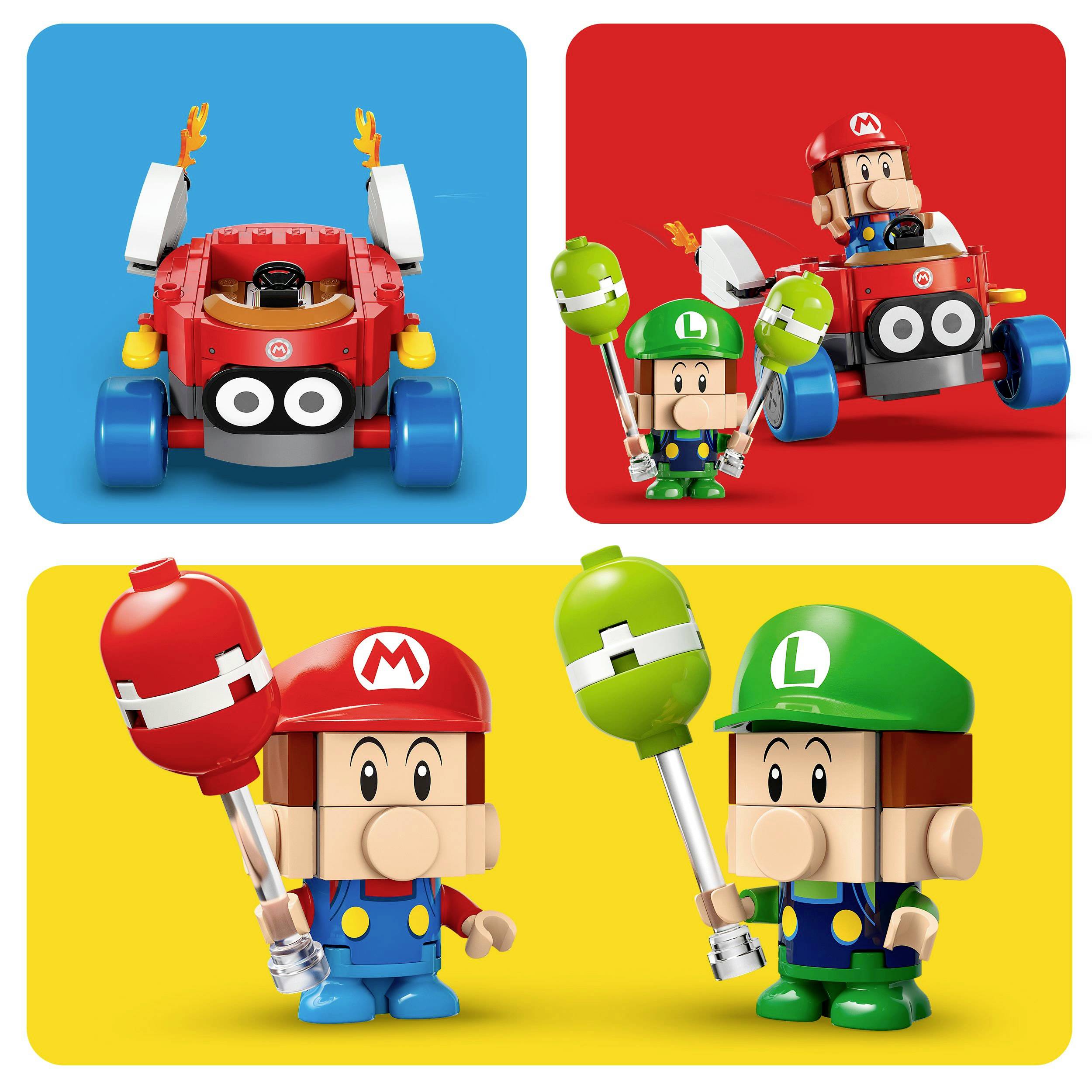 Tri obrázky zobrazujú hračkárske figúrky postáv z Mario série: vľavo hore červené auto, vpravo hore Mario v kartingu, dole Mario a Luigi s kladivami.