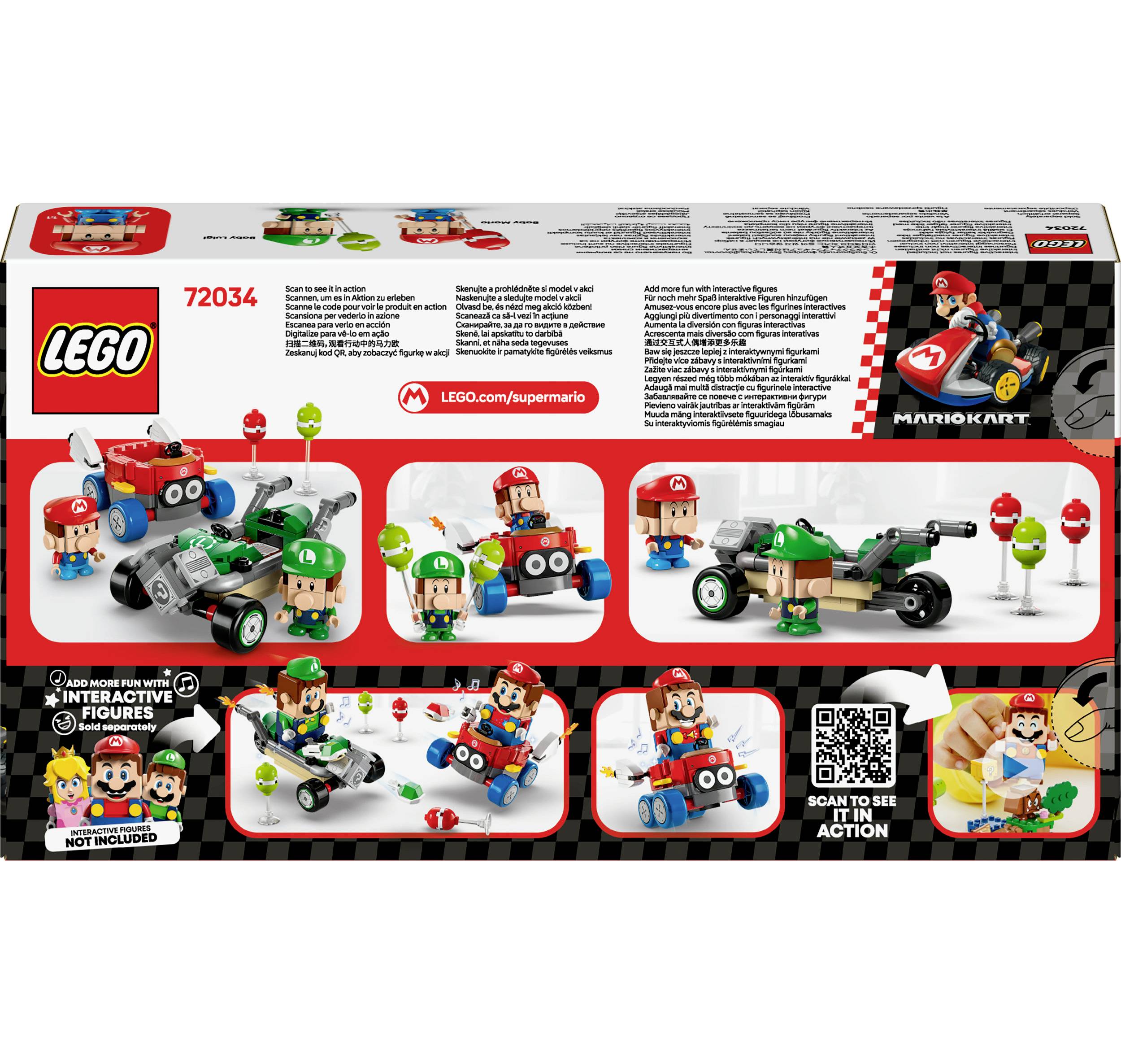 LEGO-set '72034' zo série Super Mario s figúrkami a kartami. Obrázky zobrazujú možné konštrukcie a interaktívne funkcie.