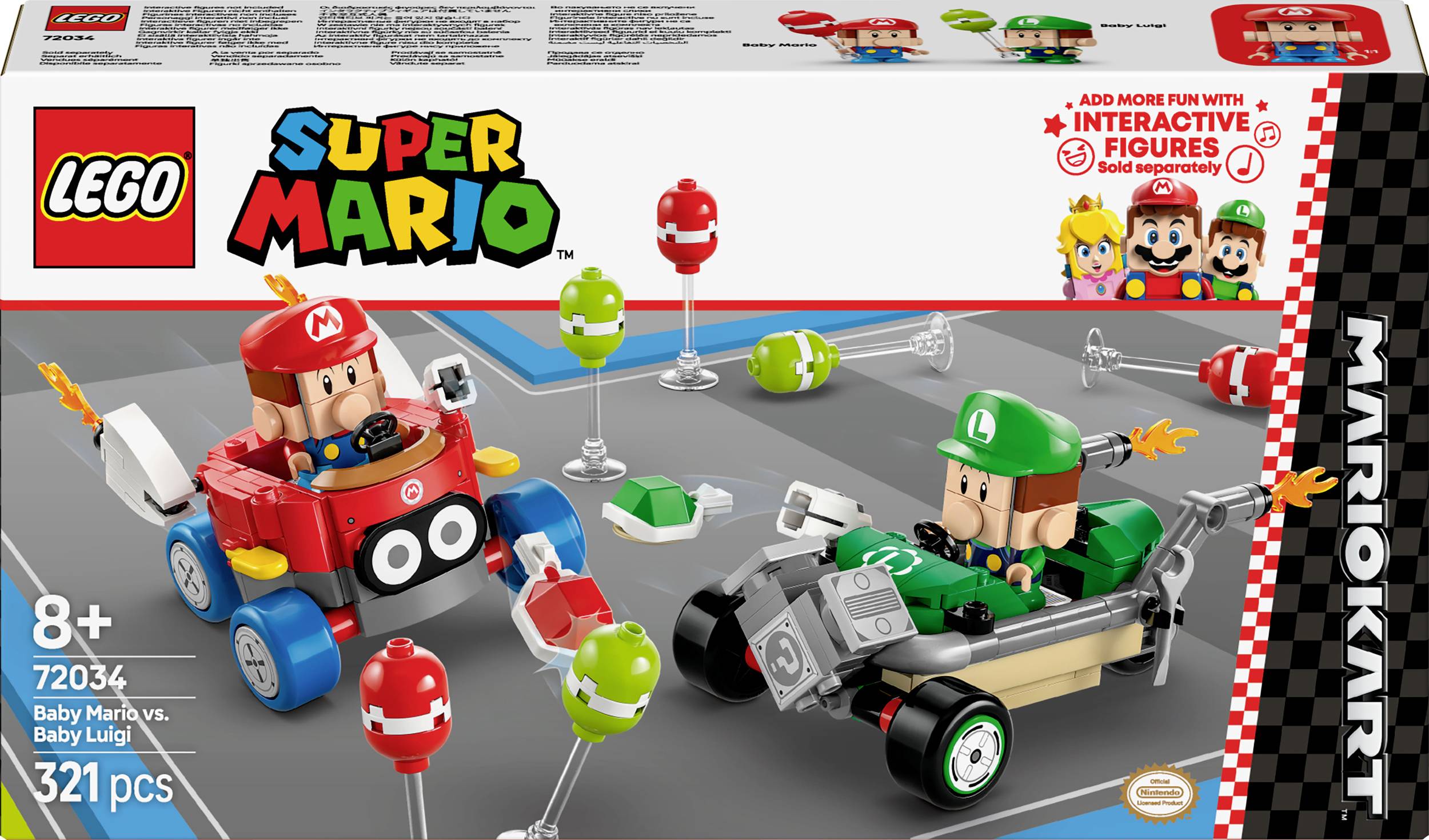 LEGO Super Mario Set 'Baby Mario vs. Baby Luigi'. Zobrazuje Baby Maria a Baby Luigiho v ich pretekárskych autách so farebnými doplnkami. Obsahuje 321 dielov. Od 8 rokov.