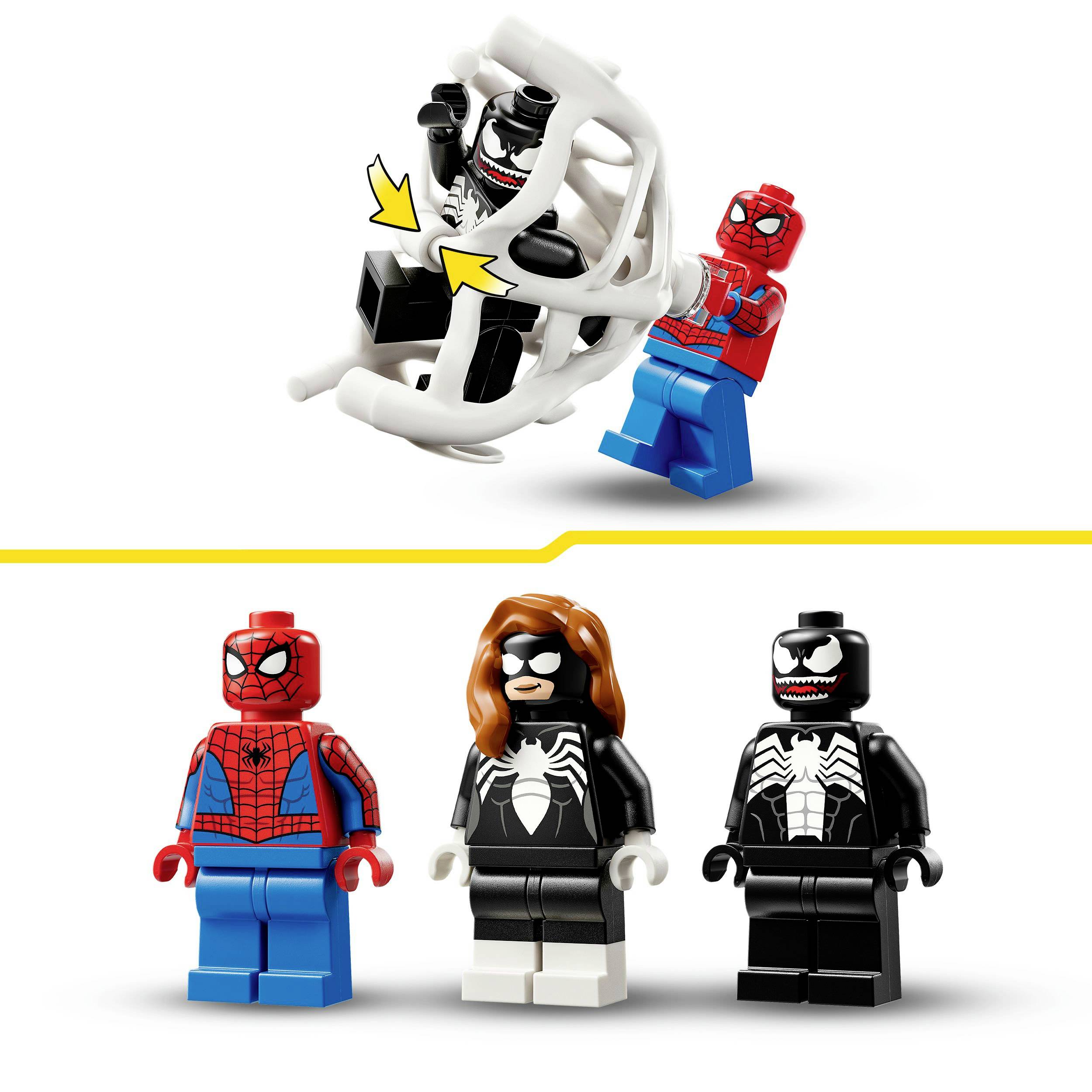 Hore bojuje LEGO figúrka Spidermana proti Venomovej figúrke v bielej sieti. Dole sú tri LEGO figúrky: Spiderman, žena a Venom.