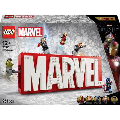 LEGO 'Marvel' stavebnica pre 12+, obsahuje 931 dielov. Postavy: Iron Man, Captain America, Black Widow prechádzajú cez veľké písmená LEGO 'MARVEL'.
