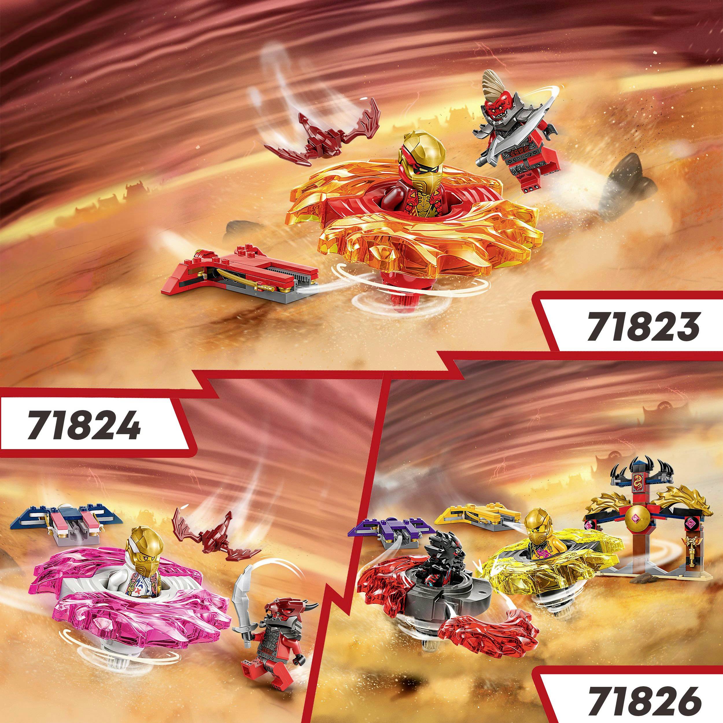 Tri LEGO Spinners s ninjami sa otáčajú na červenom pozadí: vľavo modrý, v strede oranžový, vpravo červený. Čísla produktov sú 71823, 71824, 71826.
