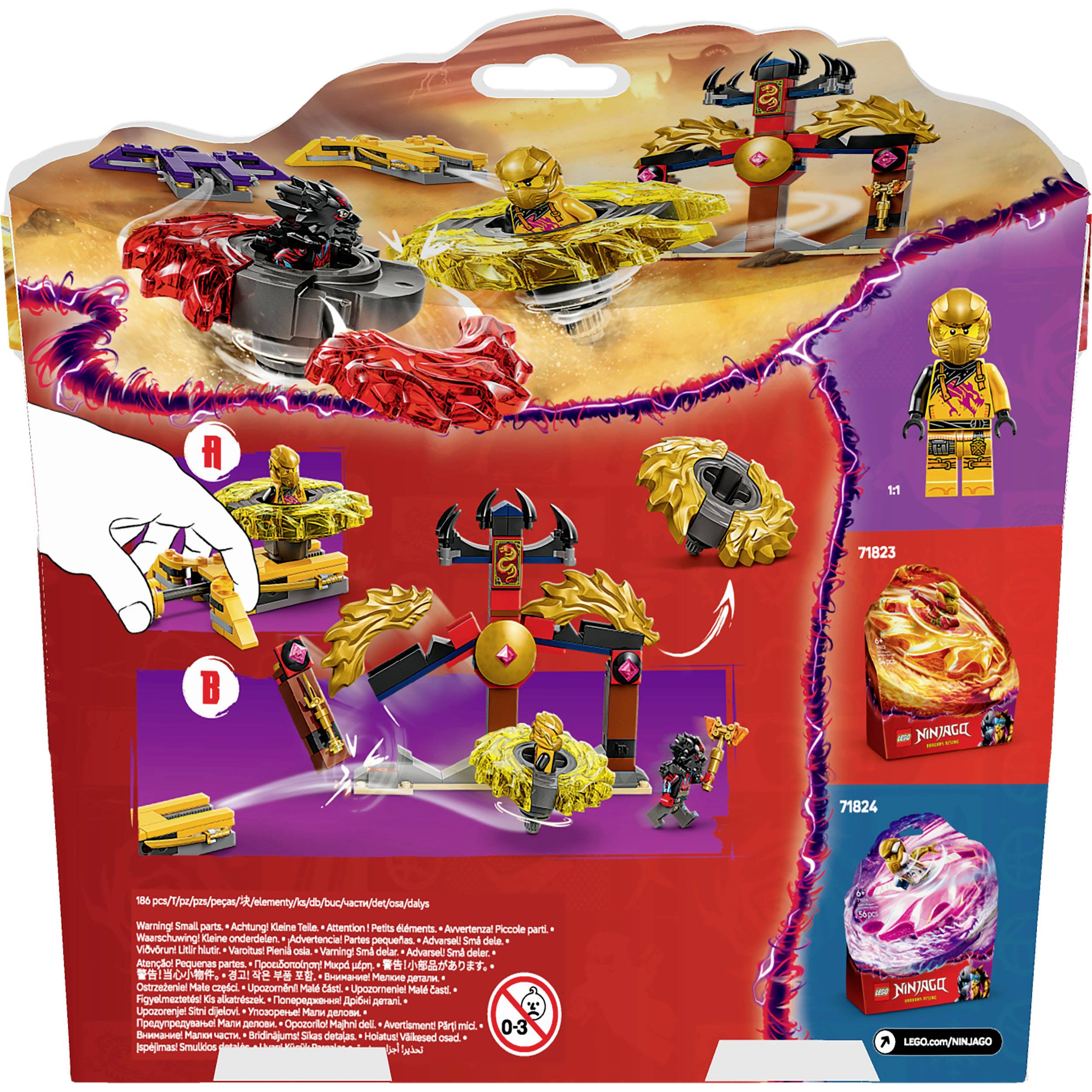 Lego Ninjago set so súpravou hracích figúrok, červeno-zlatou platformou a návodom na zostavenie. Balenie zobrazuje herné usporiadanie a príslušenstvo.