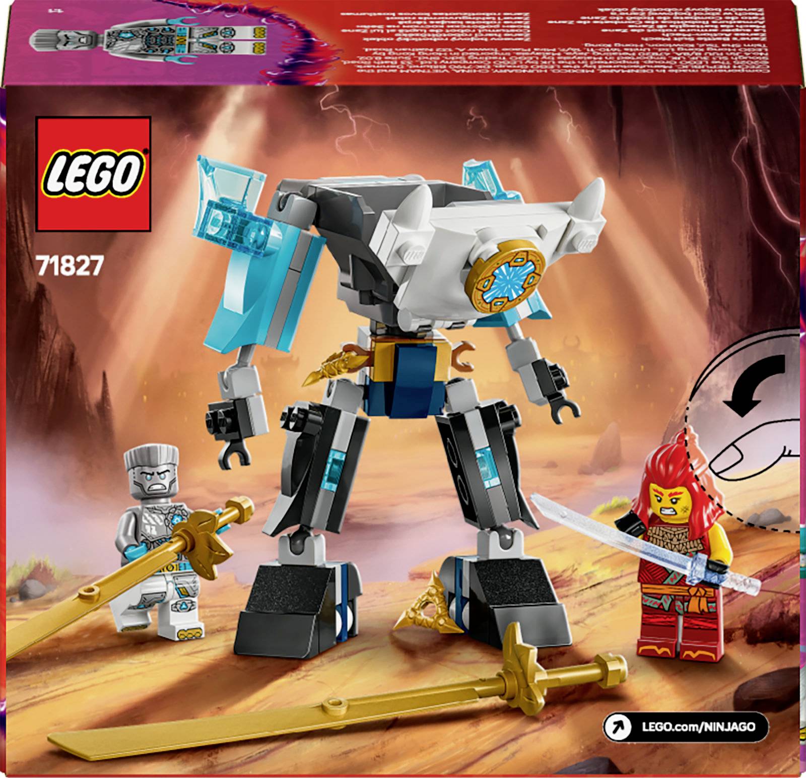 LEGO Ninjago Set 71827 s robustným mechom, dvoma minifigúrkami a dvoma zlatými mečmi pred fantastickým pozadím.