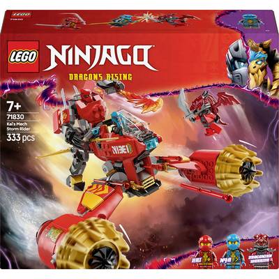 Na obrázku je LEGO NINJAGO set 'Kaiov Mech Storm Rider' s 333 dielmi, vhodný pre deti od 7 rokov. Je zobrazený veľký červený mech so zlatými detailmi.