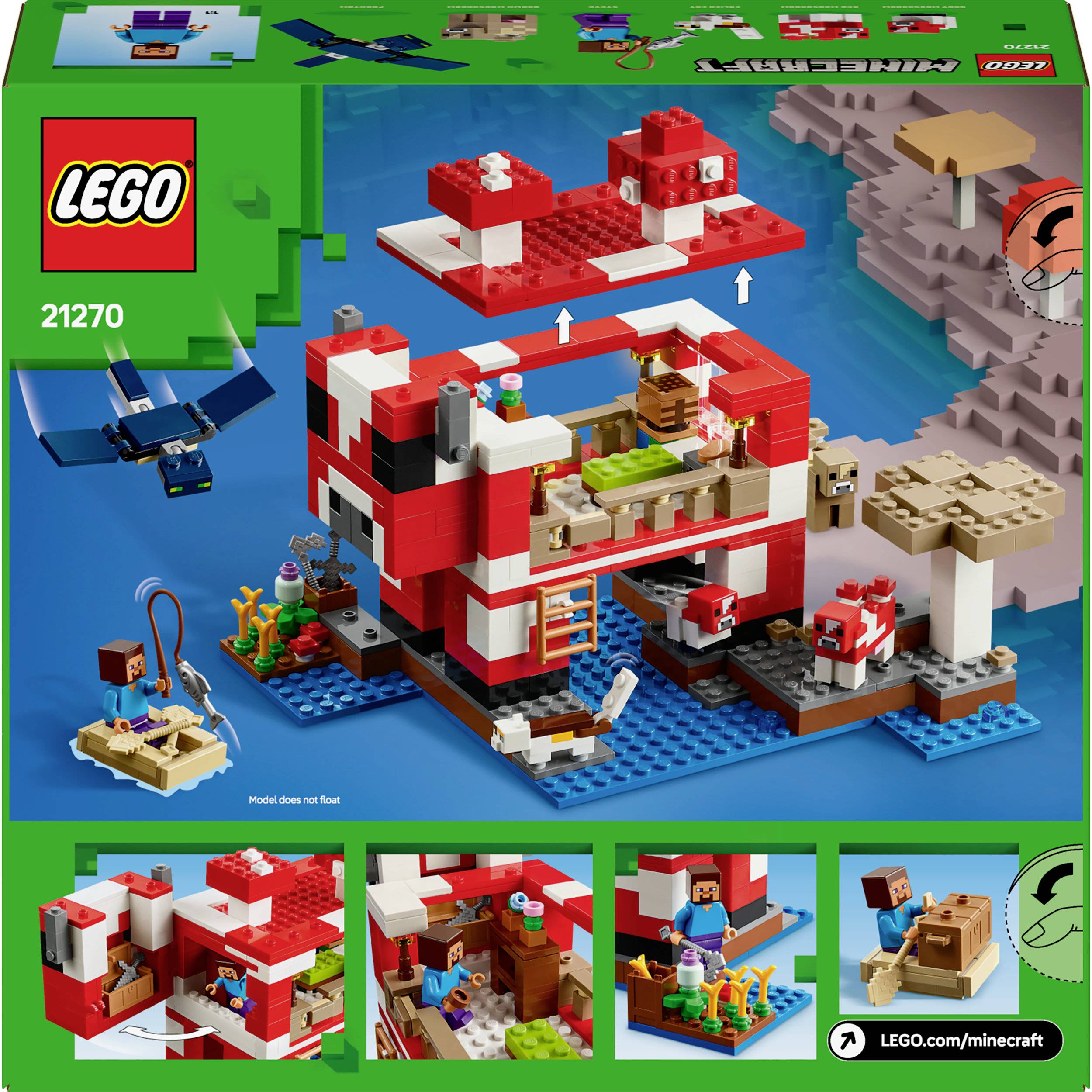 LEGO-set 21270 zobrazuje červenú hubovitú stavbu s figúrkami a zvieratkami z Minecraftu. Obsahuje scény výstavby a znázornenie hotových štruktúr.