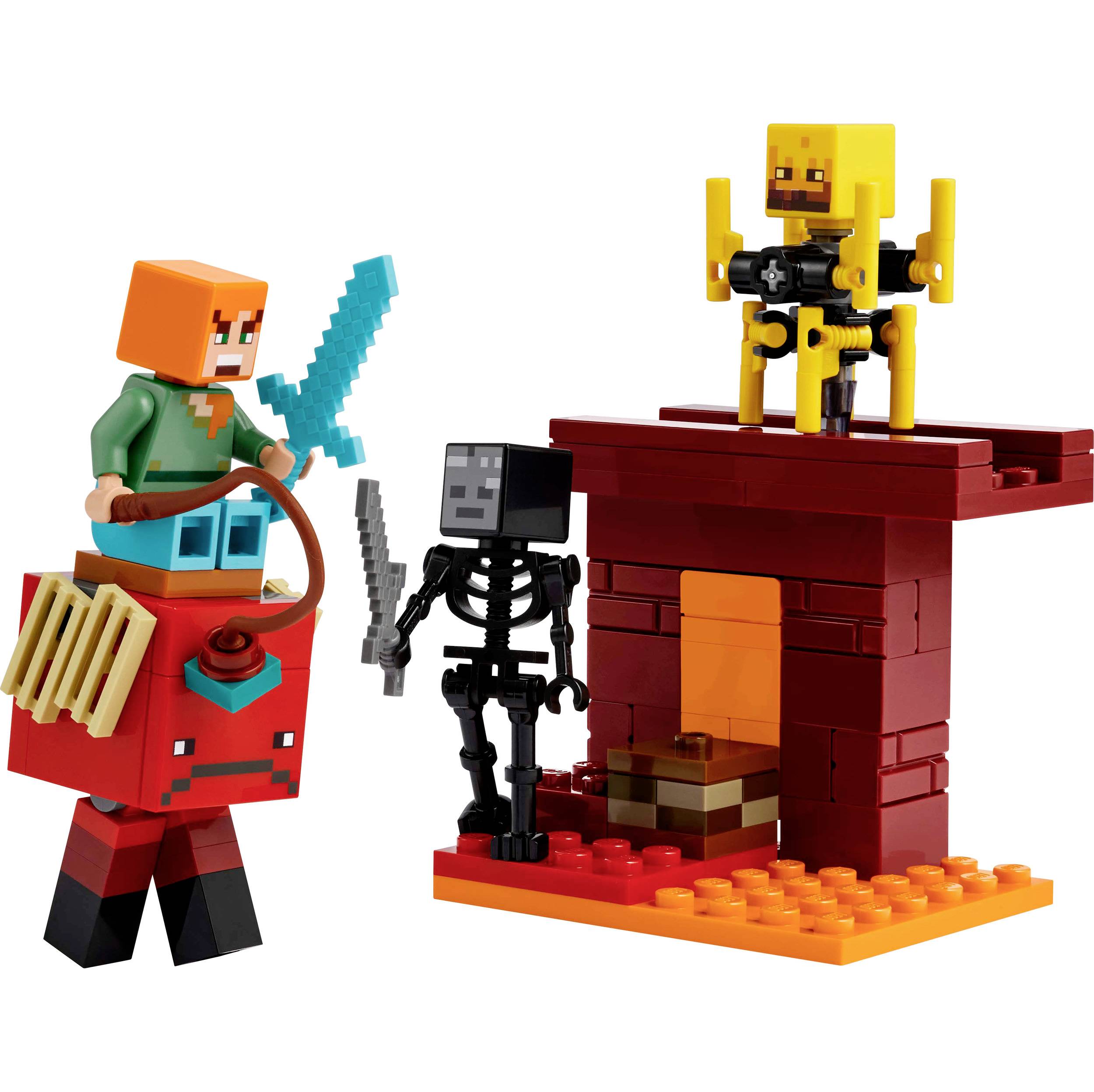 Lego figúrky z videohernej sady. Postava s mečom, kostra a stvorenie na červenej kocke a platforme.