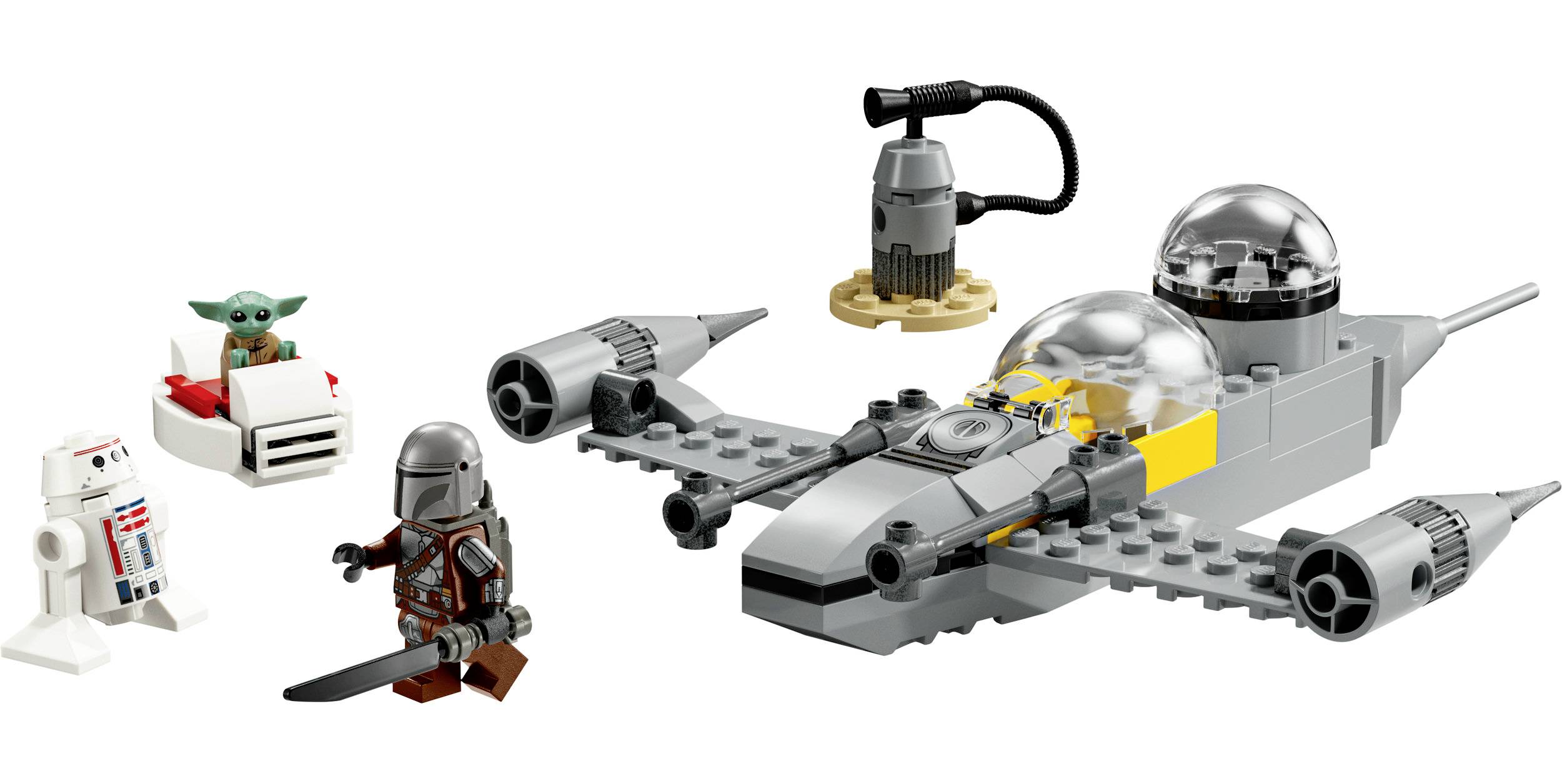 LEGO sada s vesmírnou loďou, figúrkami, robotom a dieťaťom v sánkach. Obsahuje malé diely a je vhodná pre kreatívnu hru.