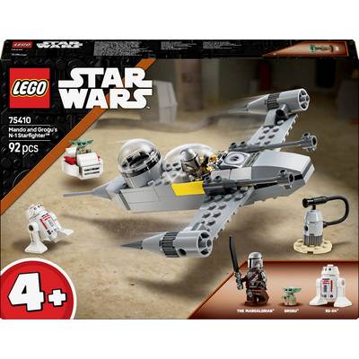 LEGO Star Wars 75410 súprava s 92 dielmi, zobrazuje 'Mandov a Groguov N-1 Starfighter'. Obsahuje minifigúrky 'The Mandalorian', 'Grogu' a 'R5-D4'. Vhodné pre deti od 4 rokov.