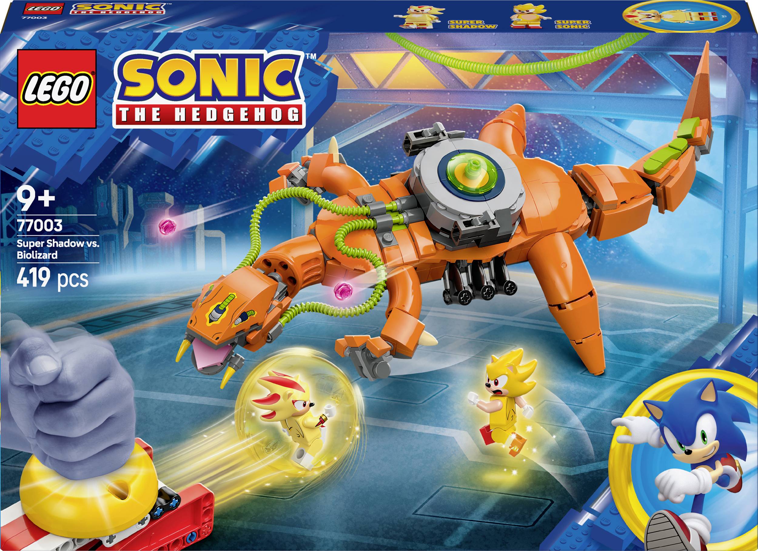 'LEGO Sonic the Hedgehog' Set 77003: Stavebnica so 419 dielmi, odporúčaná pre deti od 9 rokov. Zobrazuje Super Shadowovi a šéfbossa Biolizarda.