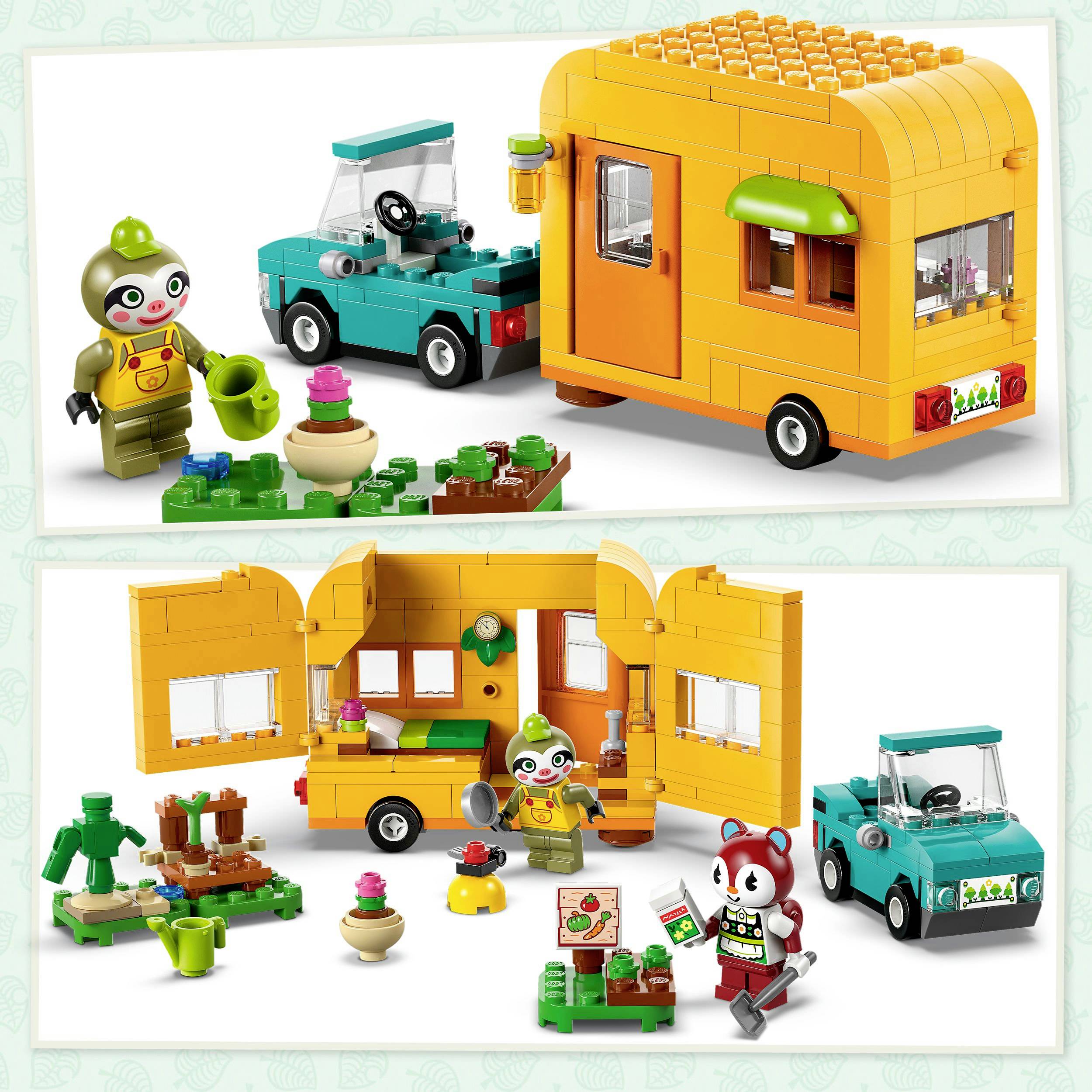 LEGO súprava zobrazuje obytný príves s výklopnými stranami, figúrku vo vnútri karavanu, auto, vybavenie na piknik a druhú figúrku.