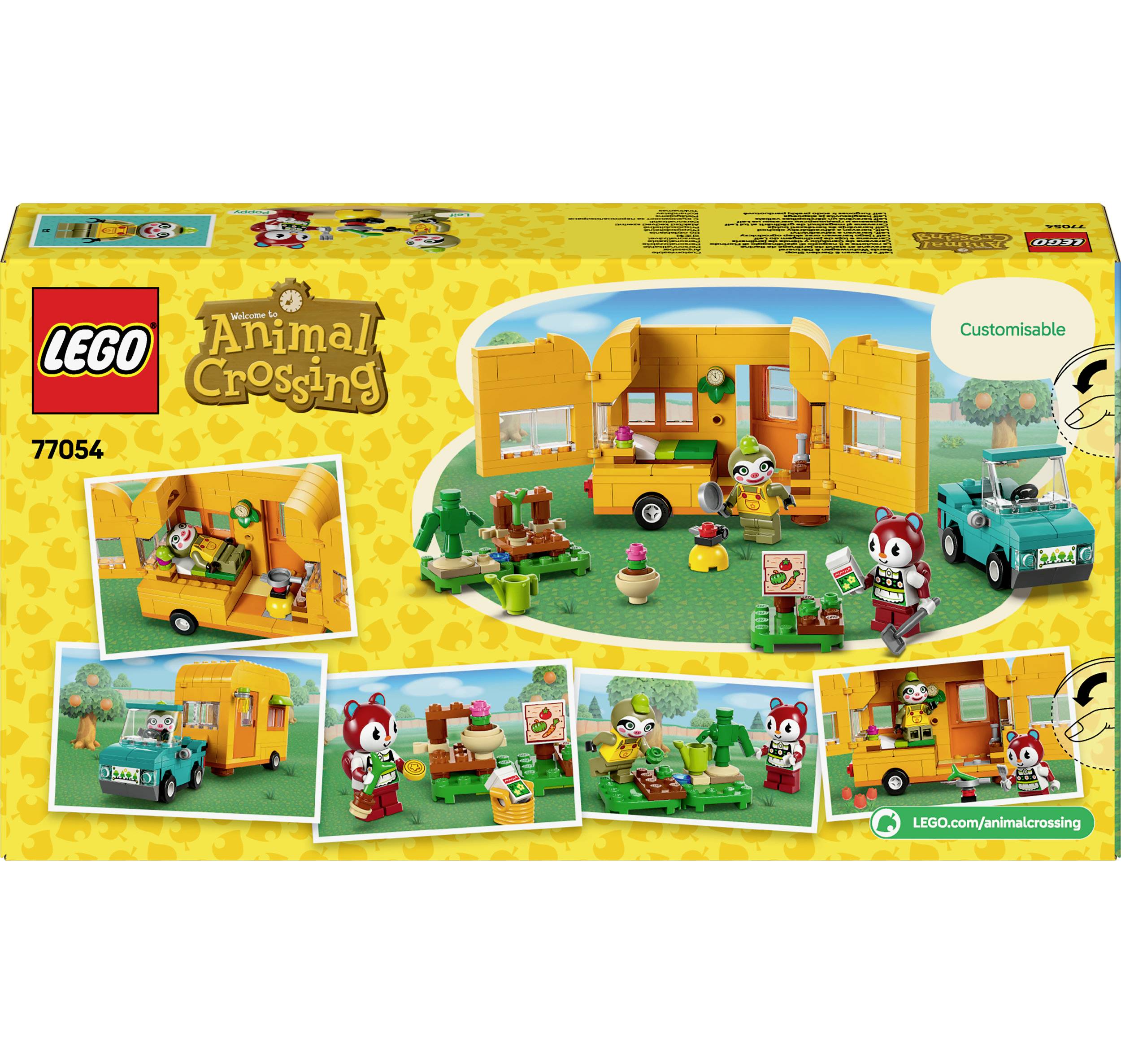 LEGO-set 77054 'Animal Crossing'; zobrazuje kempingový scénu s figúrkami a vozidlami. Obsahuje individuálne prispôsobiteľné prvky.