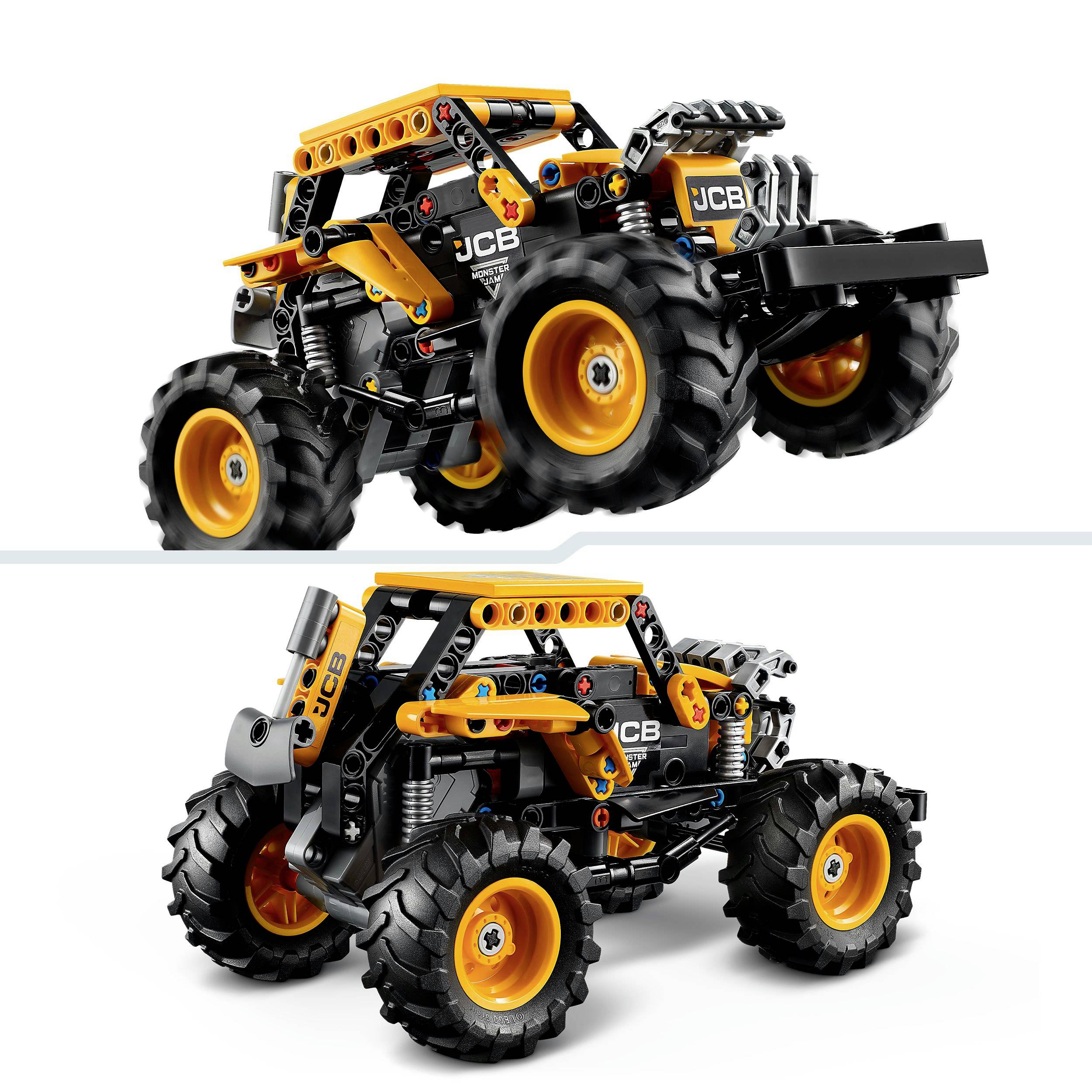 Dve hračkárske vozidlá z LEGA v žltej a čiernej farbe, s veľkými kolesami a logom JCB, zobrazené z bočného a čelného pohľadu.