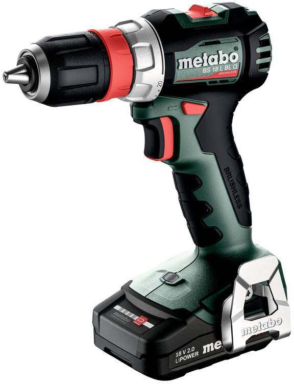 Metabo bezdrôtová vŕtačka s batériou, zobrazená z bočného pohľadu na bielom pozadí.