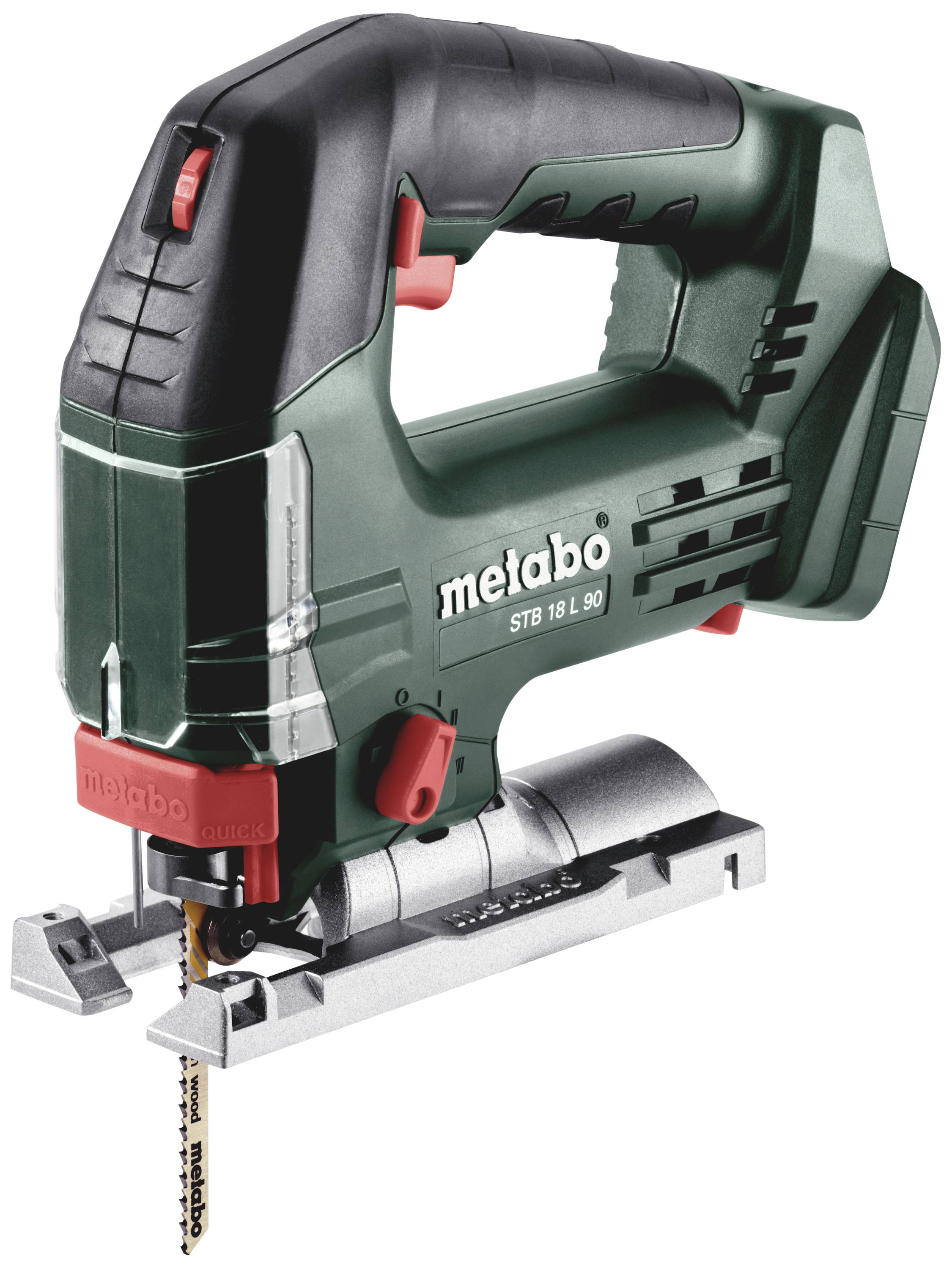 Zelená priamočiara píla Metabo, model STB 18 L 90, na bielom pozadí.