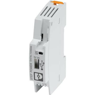 Úzky elektronický komponent s nápismi 'STEP POWER', 'DC OK' a '5V 3A', s USB portom a sériových číslom.