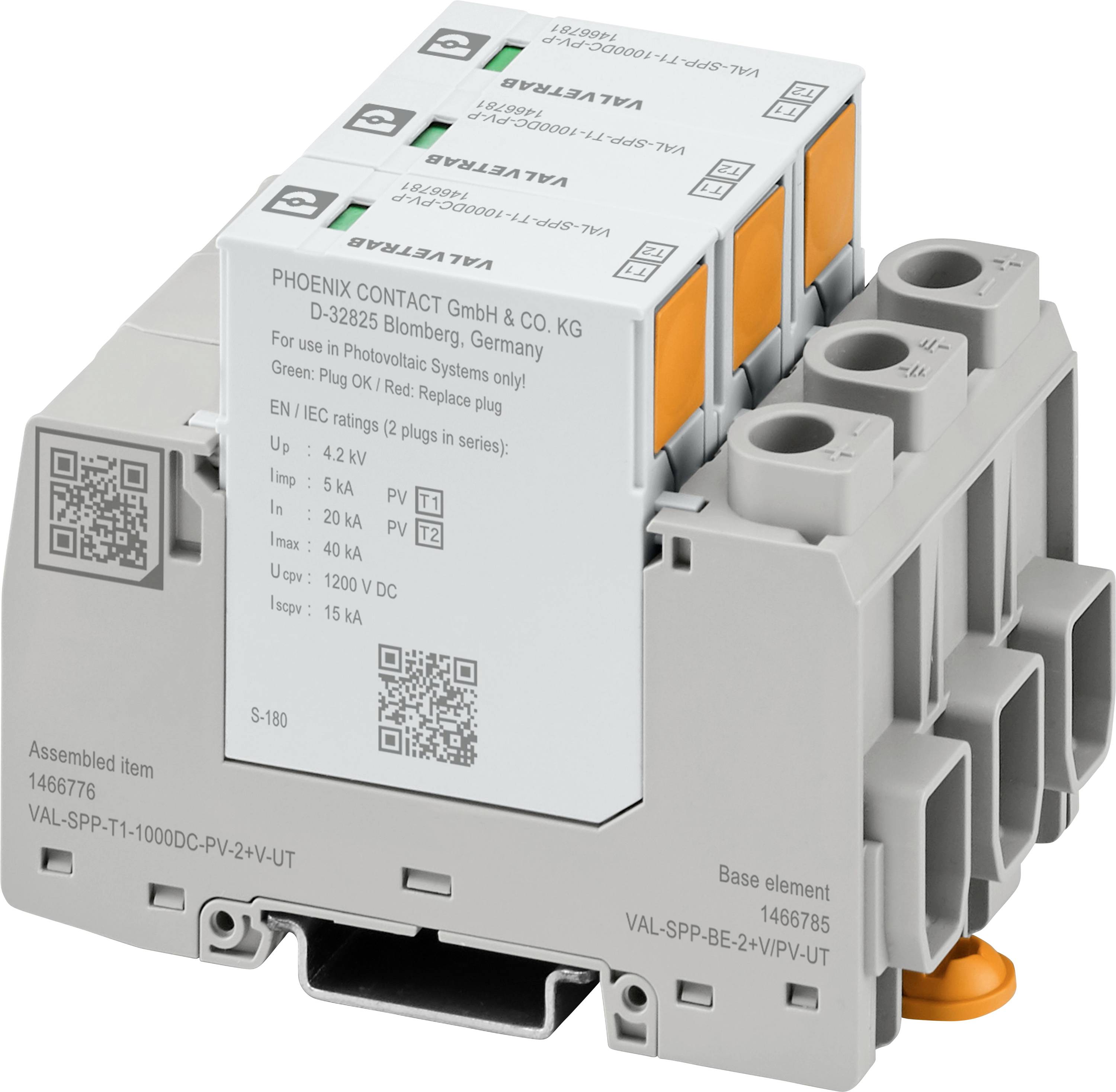 Šedo-oranžové elektrické ochranné zariadenie so svorkami, vyrobené spoločnosťou Phoenix Contact, model VAL-SPC so sériovými číslami.