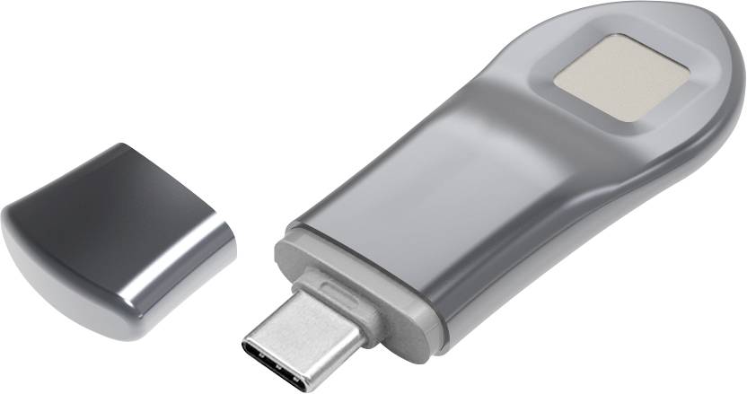USB kľúč striebornej farby s odnímateľným plastovým krytom, na ktorom je viditeľný snímač odtlačkov prstov.