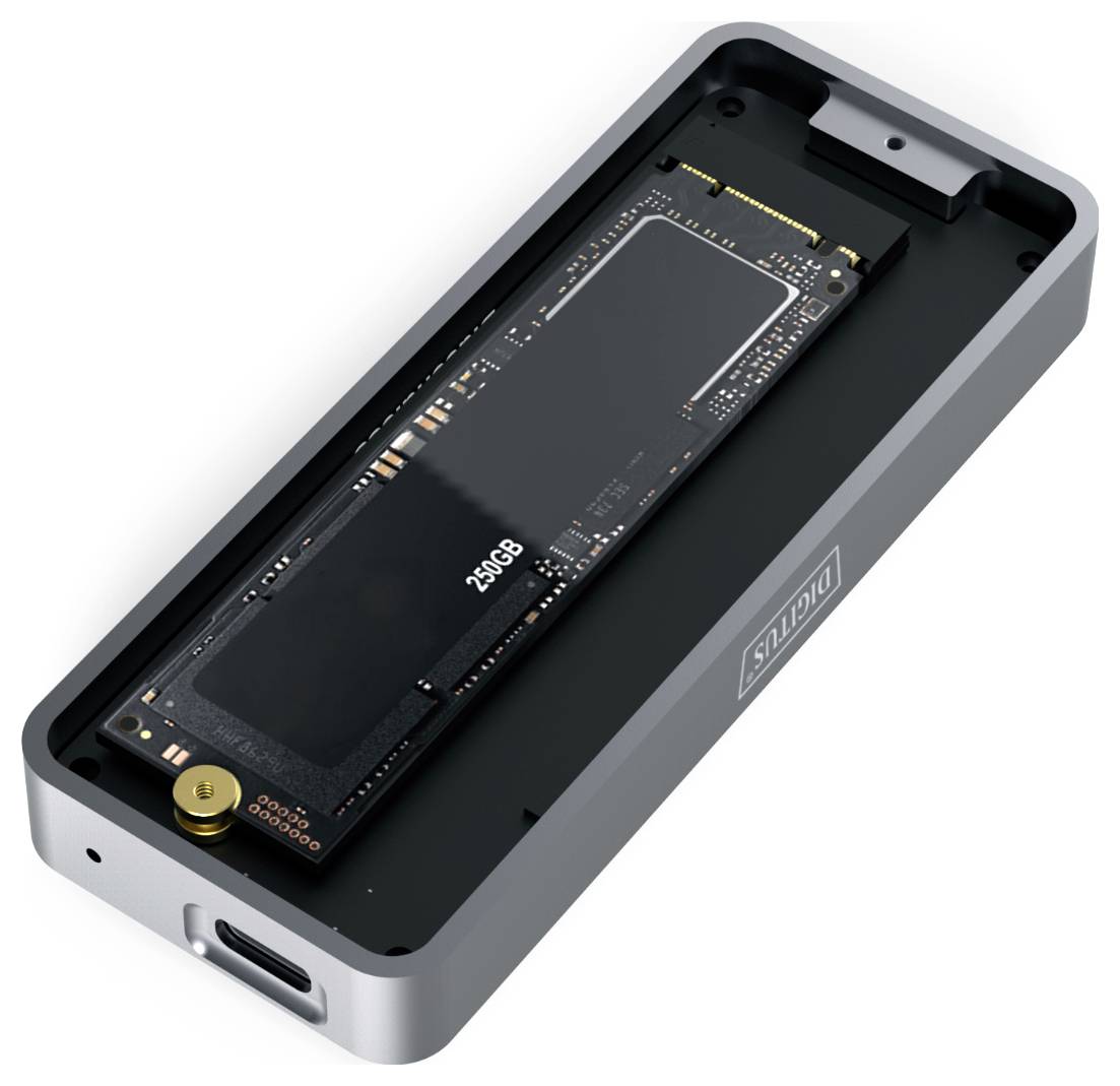 SSD adaptér s otvoreným krytom, 250GB SSD je viditeľná.