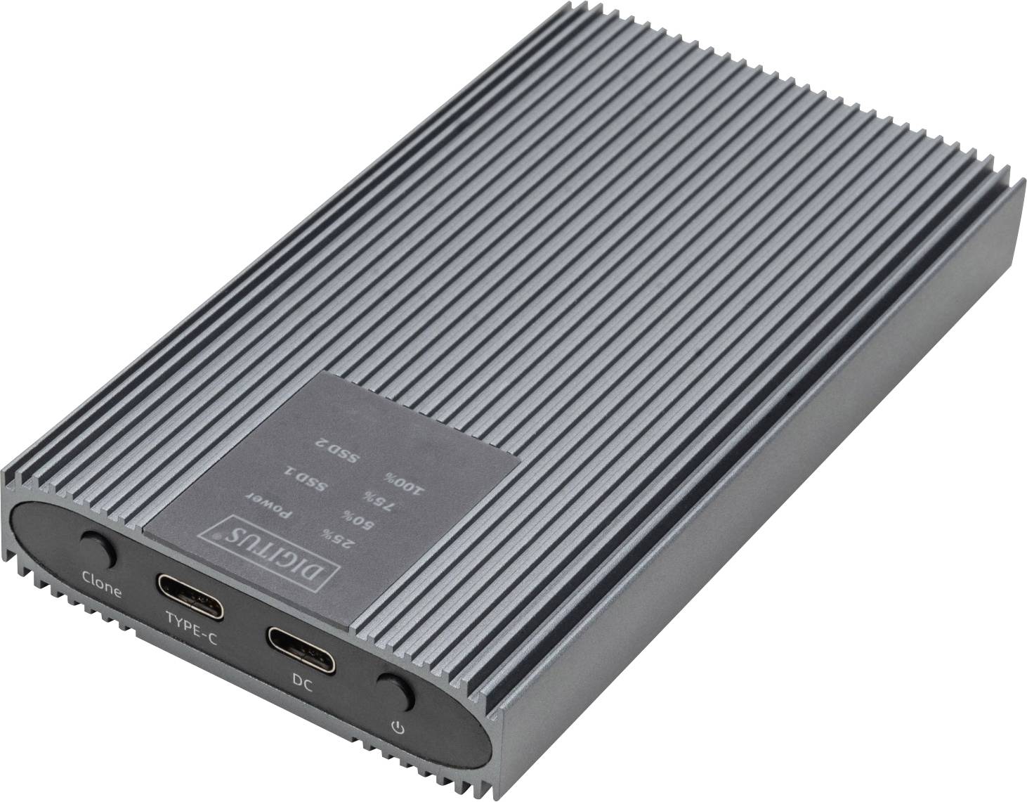 Externý pevný disk s hrubým kovovým krytom, dvoma USB-C portmi a sieťovou zásuvkou. Označený ako 'Type-C', 'Clone', 'Power'.