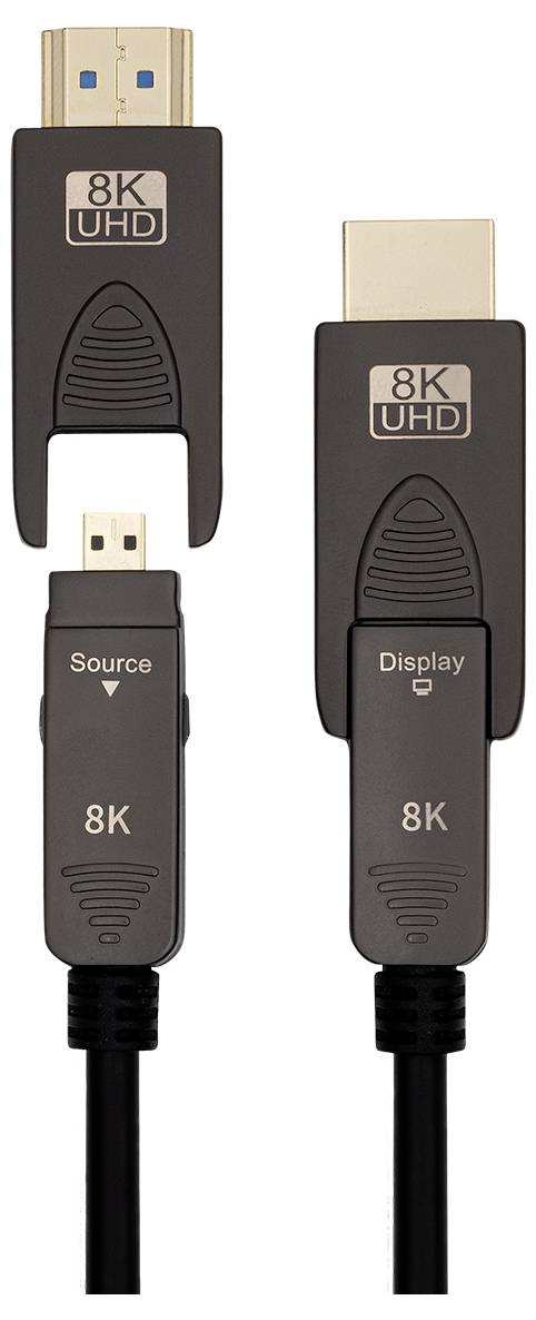 8K UHD kábel s dvoma konektormi, jeden ako 'Zdroj', druhý ako 'Displej', určený pre vysoko rozlíšené videové pripojenia.