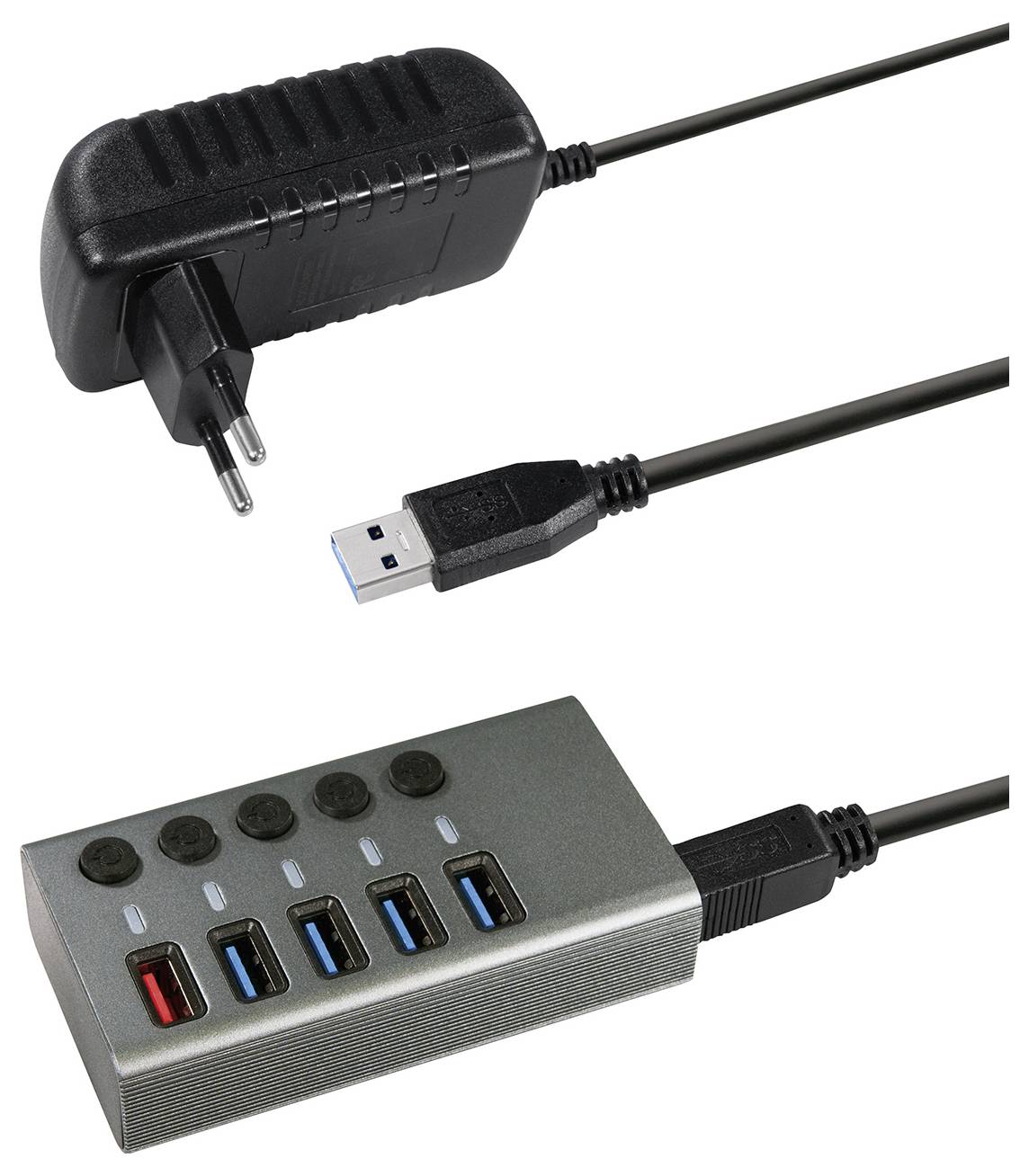 USB hub so sieťovým adaptérom, s tromi čiernymi USB portami a dvoma modrými USB portami; vhodný pre pripojenie viacerých zariadení.