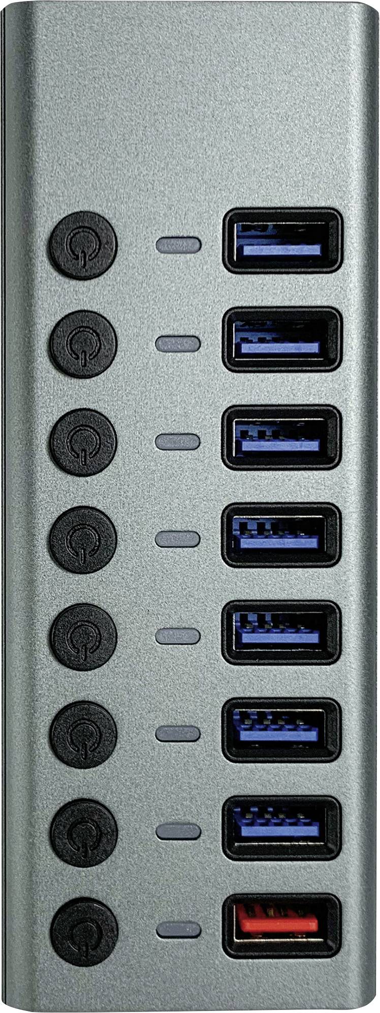 USB hub so siedmimi USB 3.0 portami, každý port má vedľa seba vypínač zapnutia/vypnutia. Najspodnejší port je označený červenou farbou.