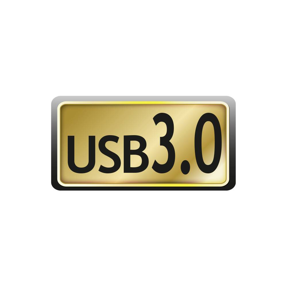 Logo 'USB 3.0' v čiernom písme na zlatom pozadí.