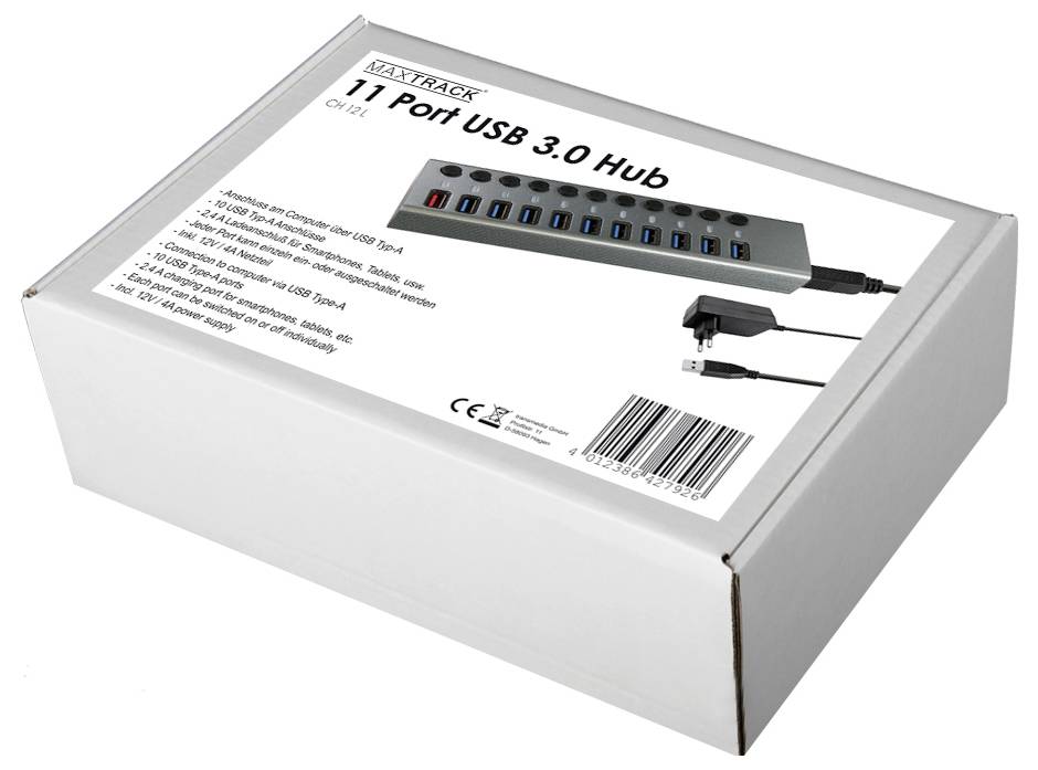 USB hub s 11 portami, kompatibilný s USB 3.0, zabalený v bielej škatuli. Podpora vysokorýchlostného USB pripojenia.