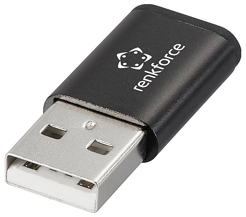 USB adaptér od Renkforce, čierny, so strieborným konektorom.