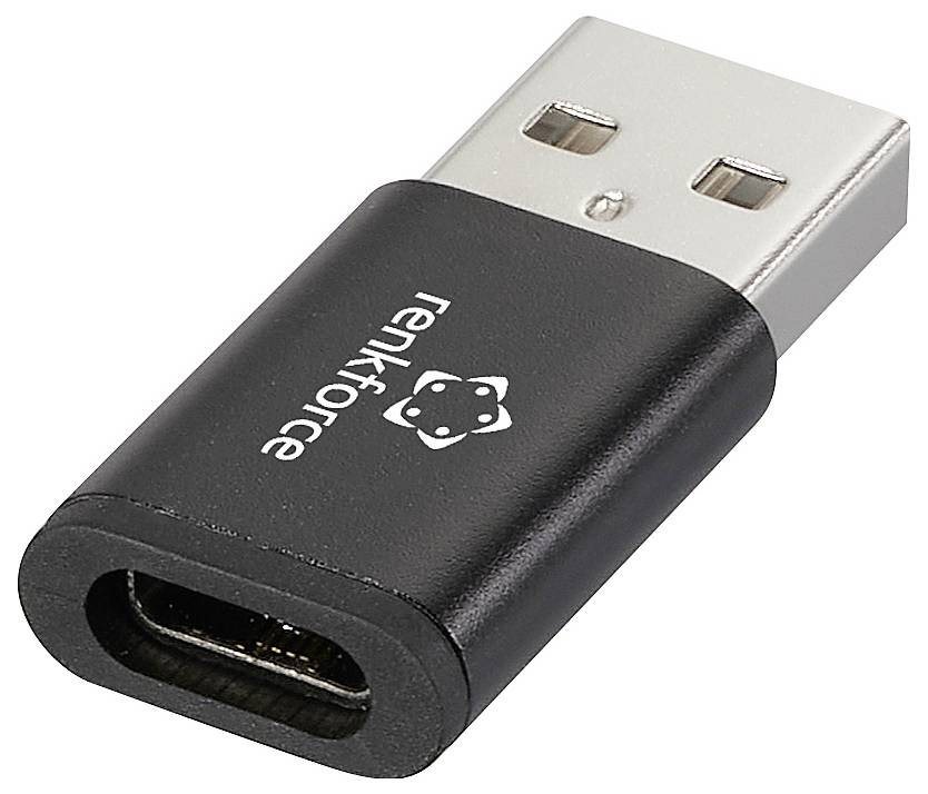 USB adaptér s čiernym krytom a strieborným konektorom. Označenie: 'renkforce'. USB-A zástrčka na USB-C zásuvku.