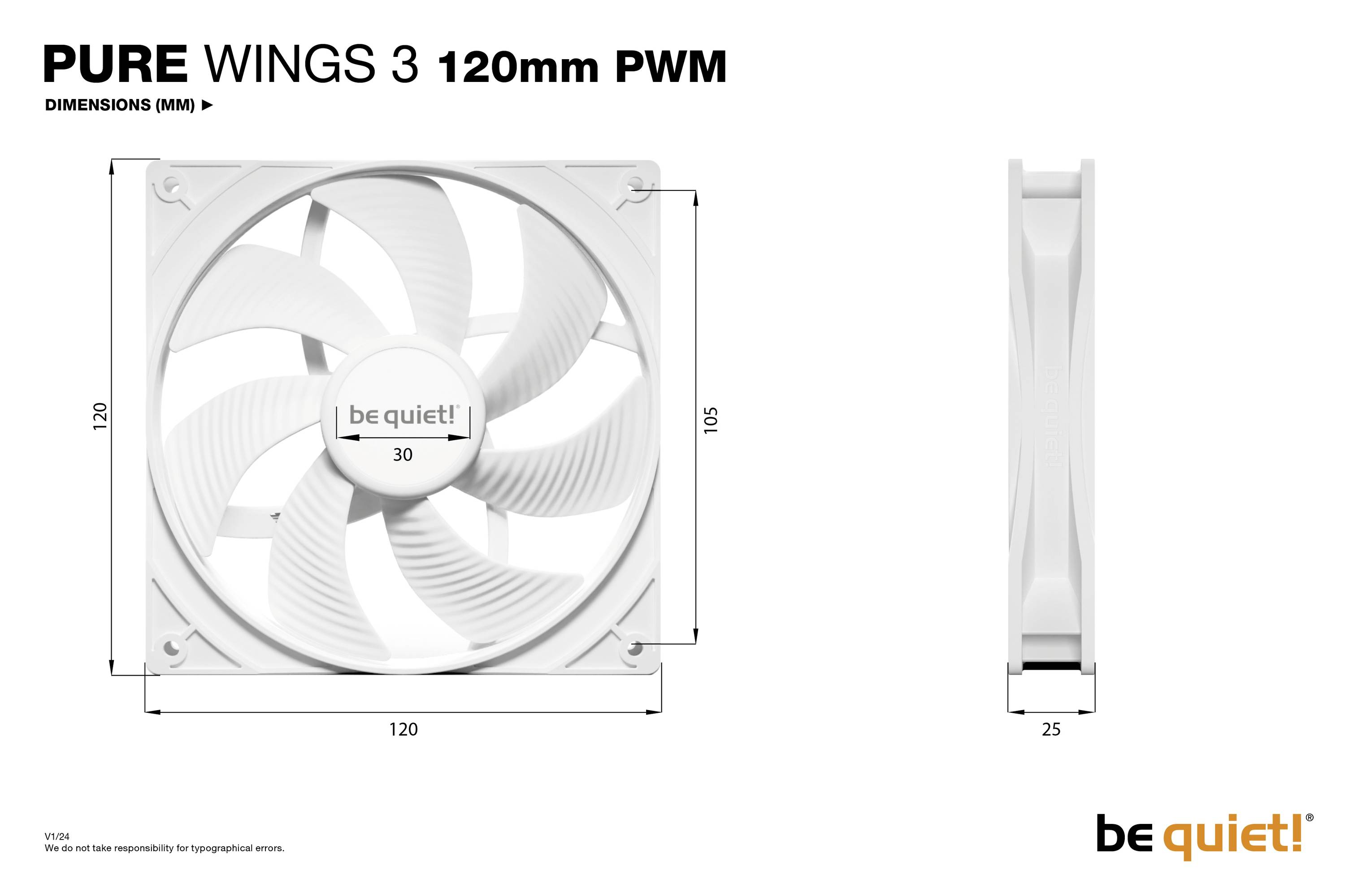 Ventilátor 'PURE WINGS 3 120mm PWM' v bielej farbe s rozmermi 120x120x25 mm. Označenie 'be quiet!' na náboji.