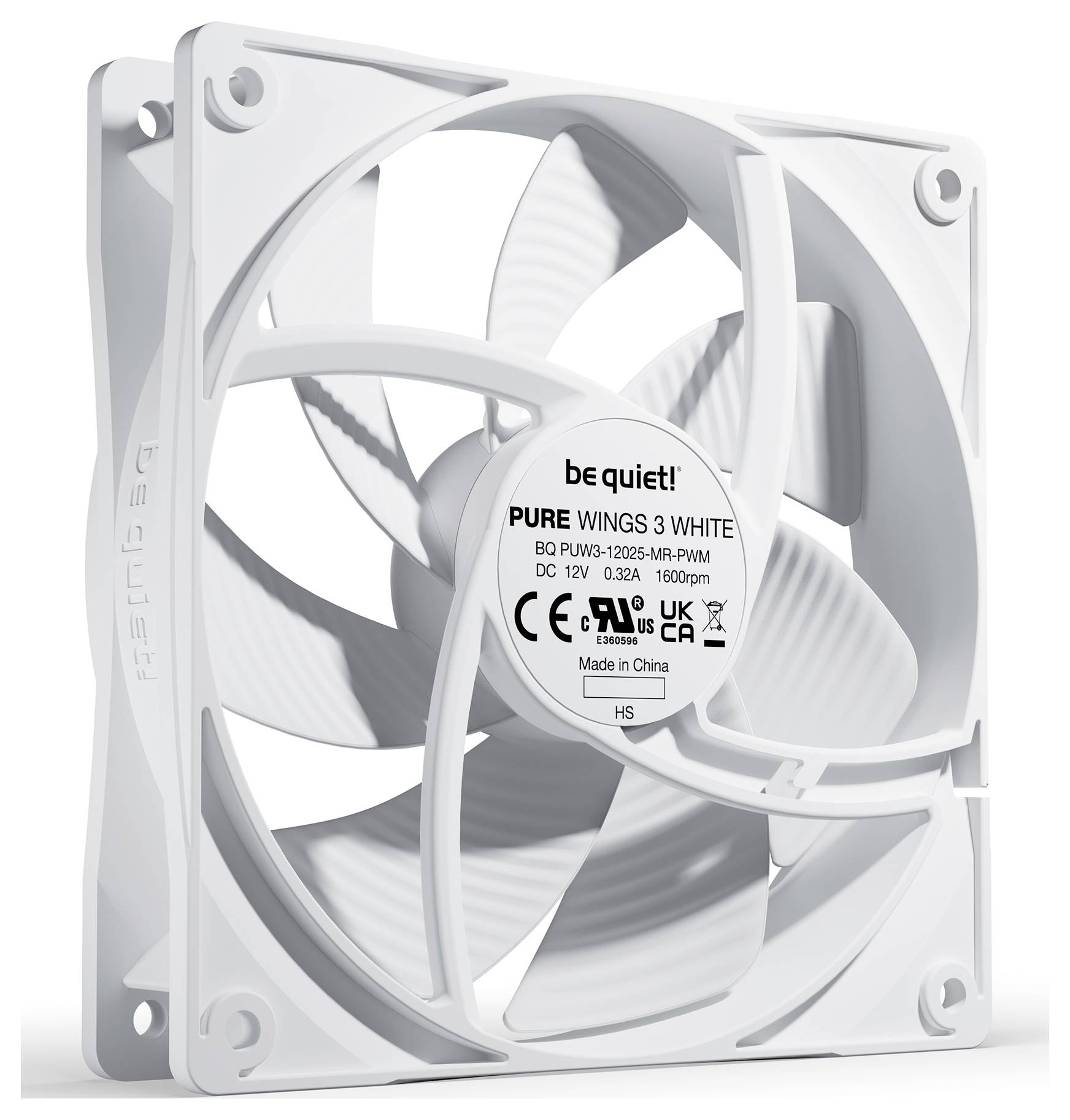 Biely počítačový ventilátor 'be quiet! Pure Wings 3', pohľad z boku. Sú viditeľné lopatky ventilátora a rám, vhodný na chladenie počítačov.