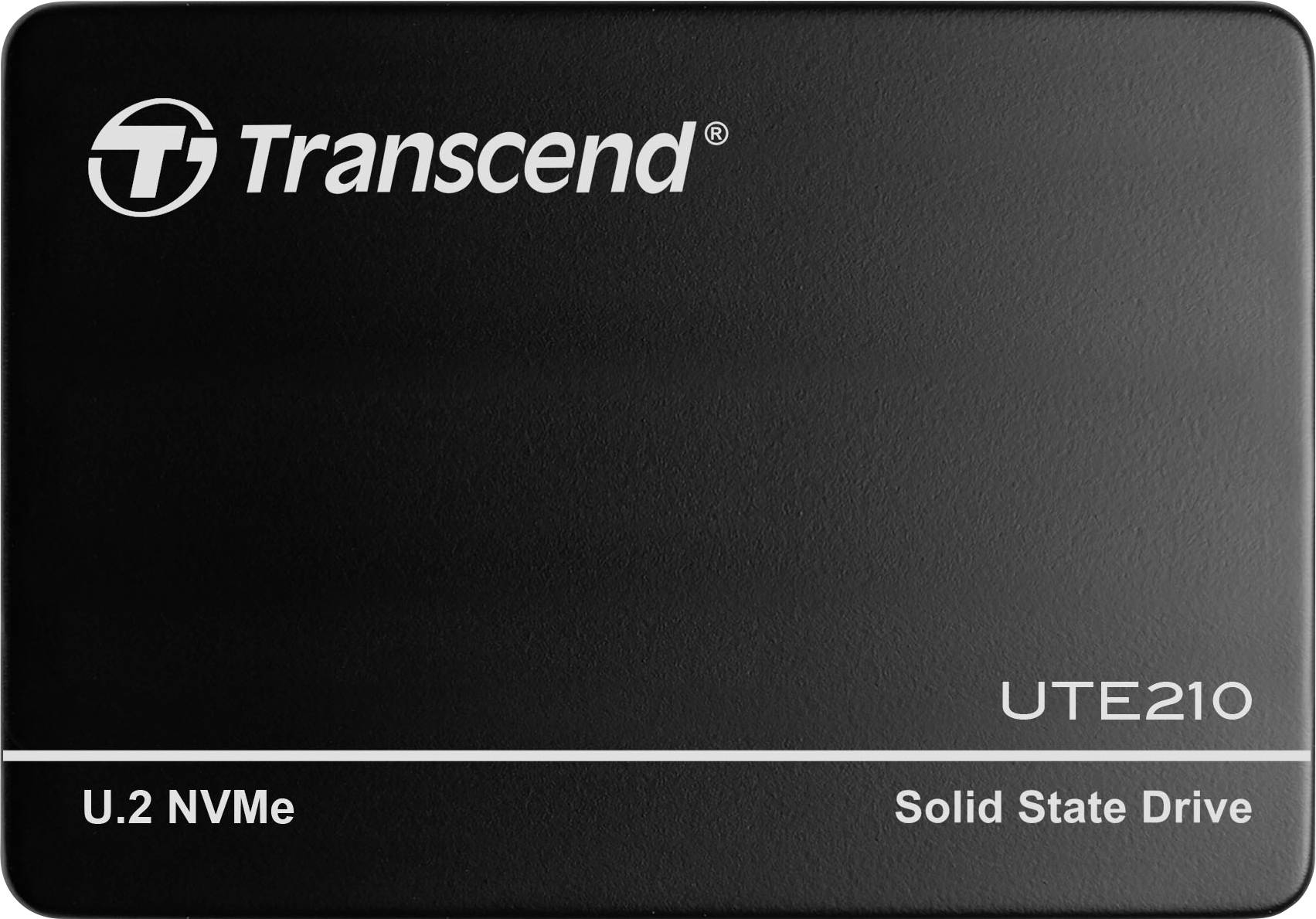 Čierny SSD disk Transcend U.2 NVMe s modelovým číslom UTE210, zobrazuje logo a typ produktu bielym písmom.