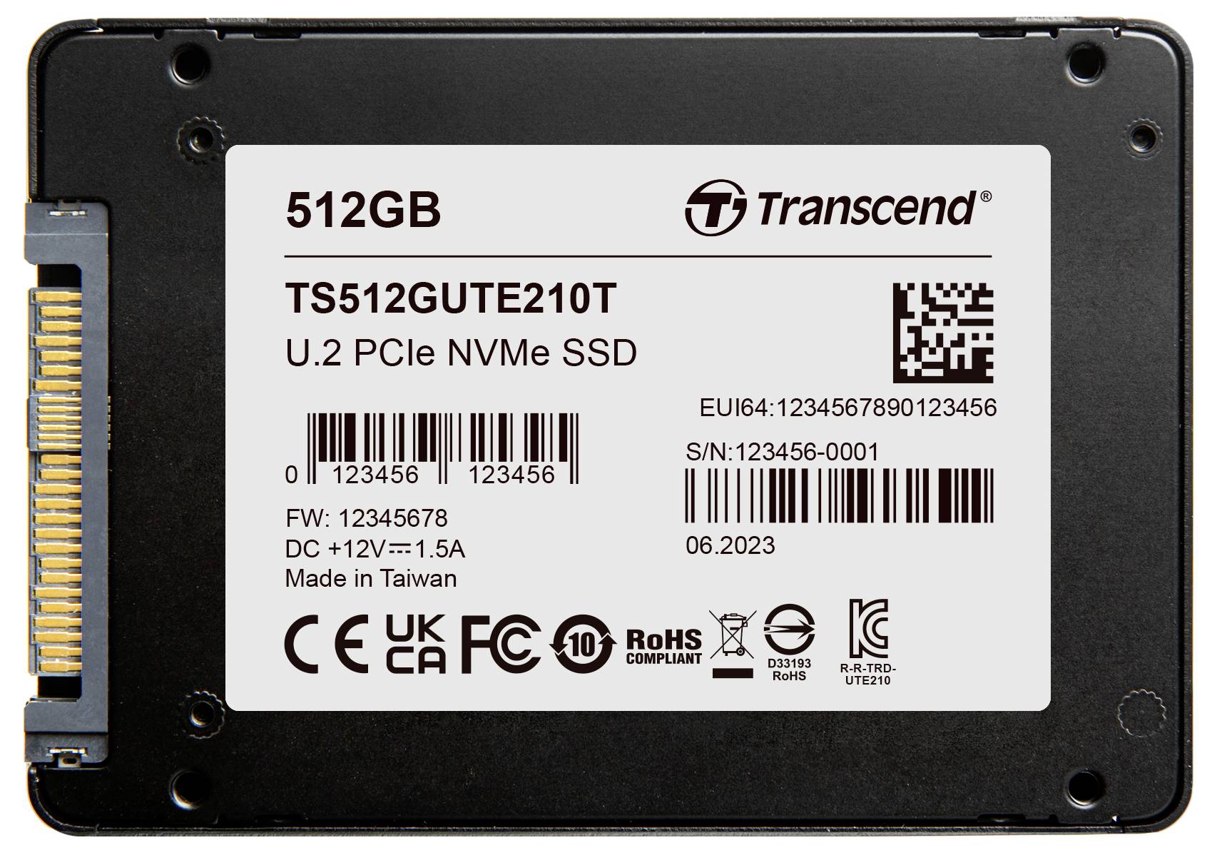 Čierna SSD od spoločnosti Transcend s kapacitou 512 GB. Model: TS512GUTE210T. Rozhranie: U.2 PCIe NVMe. Sériové číslo a ďalšie technické údaje viditeľné.