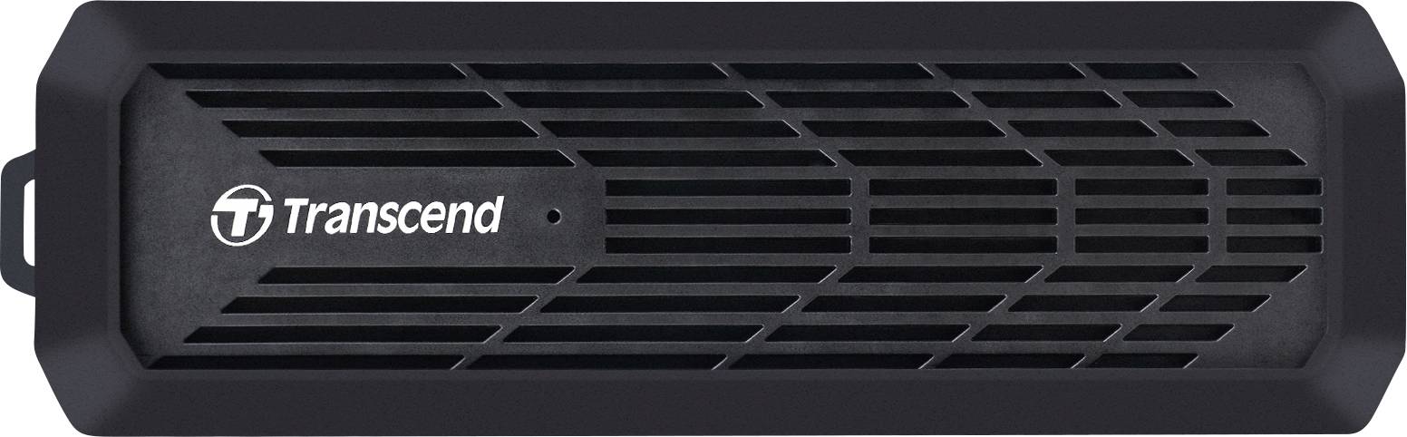 Externý, čierny SSD disk Transcend s mriežkovým vzorom.