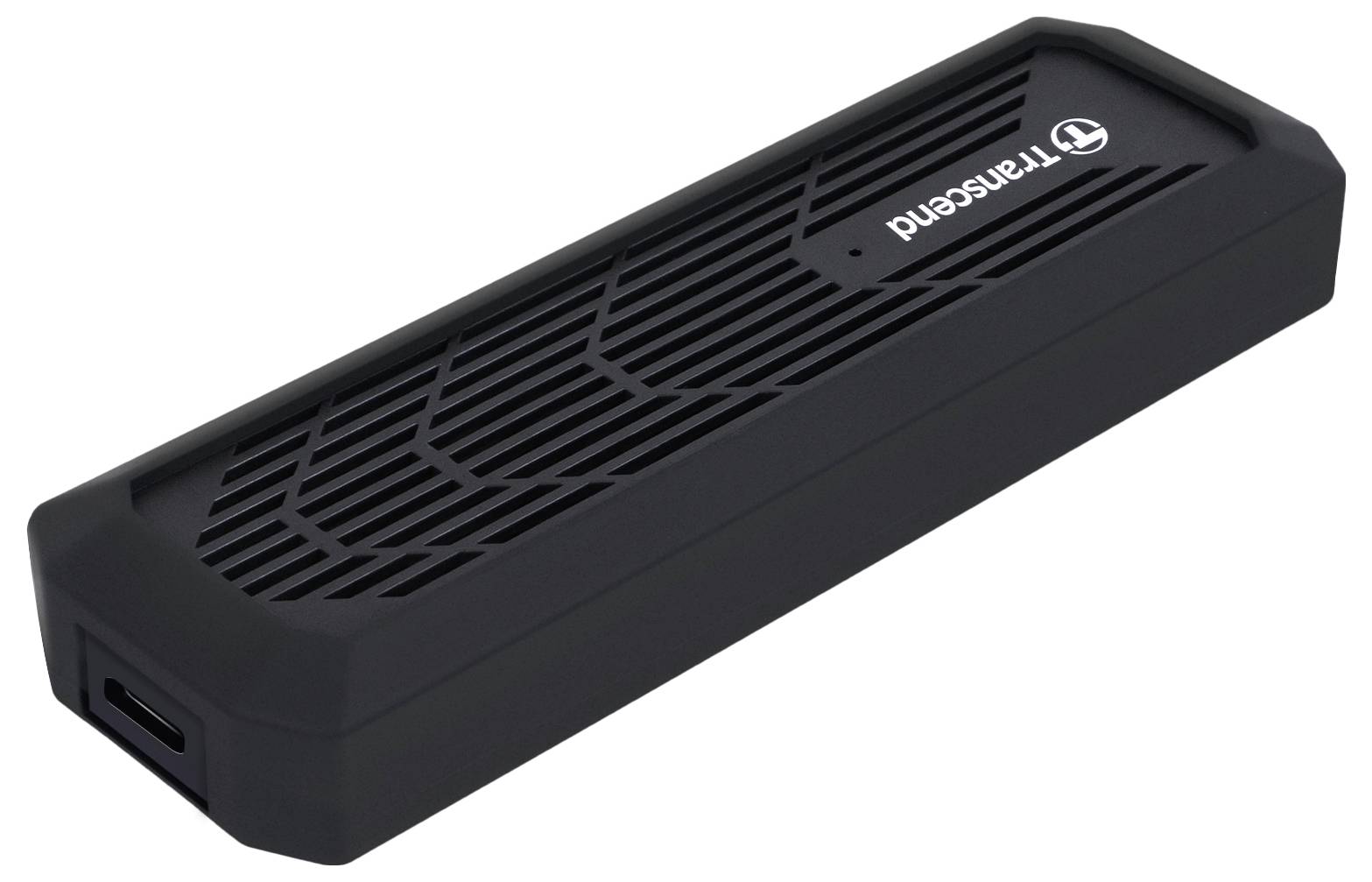 Čierny, obdĺžnikový kryt s vetracími štrbinami a USB-C portom. Na vrchu je viditeľné logo 'Transcend'.