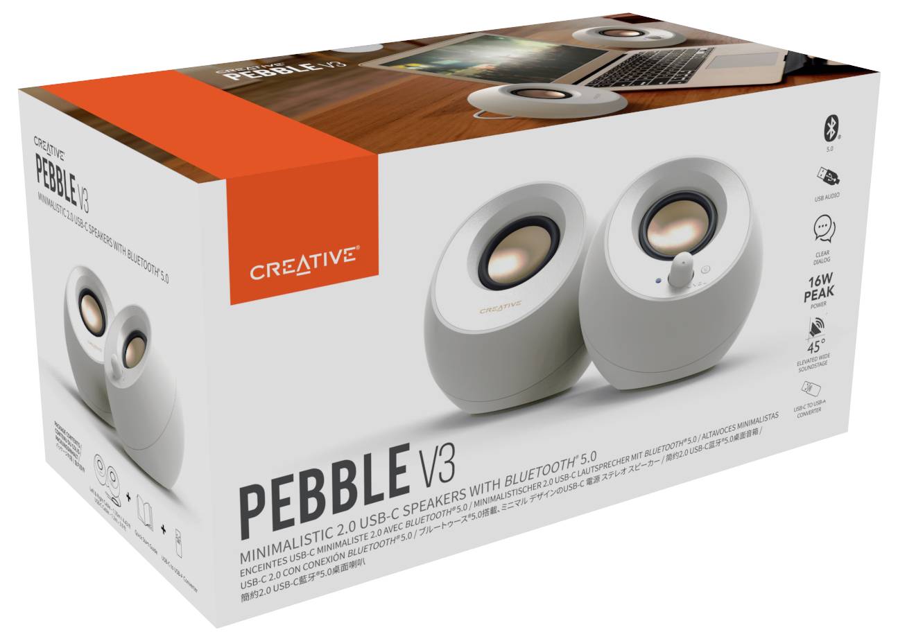 Balenie bielych reproduktorov Creative Pebble V3. Obsahuje USB-C, Bluetooth 5.0, výkon 16W. Obrázok zobrazuje reproduktory na stole.