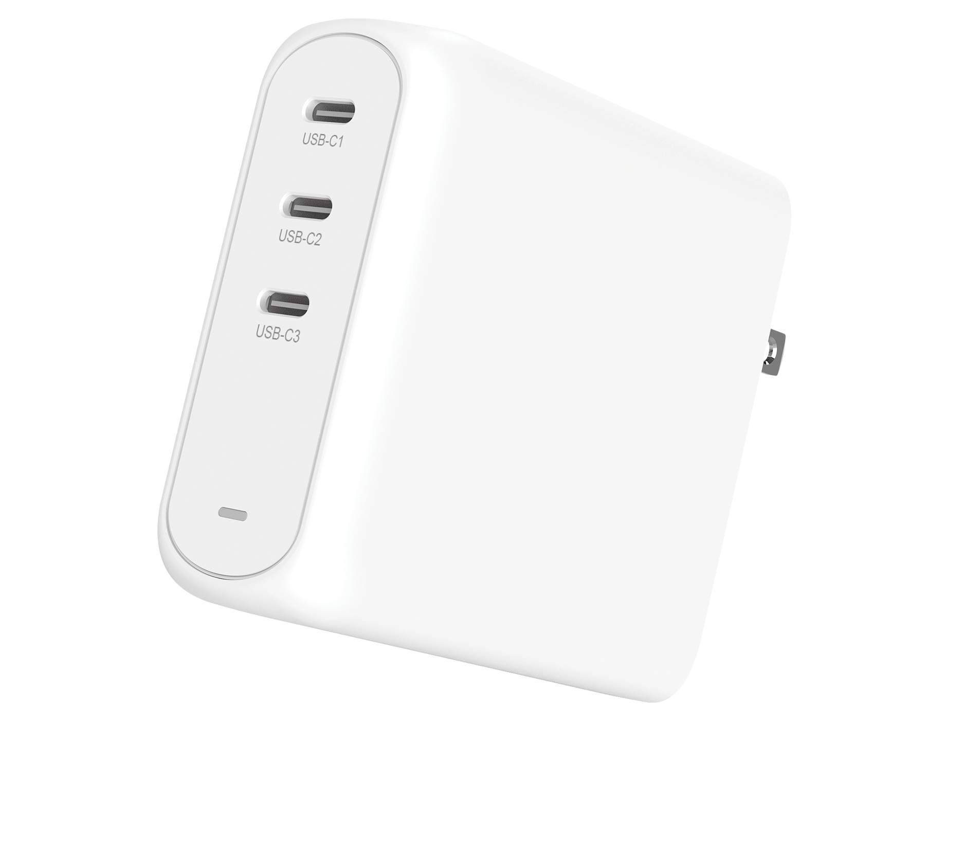 Biely USB nabíjací adaptér s troma USB-C portami, označenými ako USB-C1, USB-C2 a USB-C3, s odpojiteľnou zástrčkou.