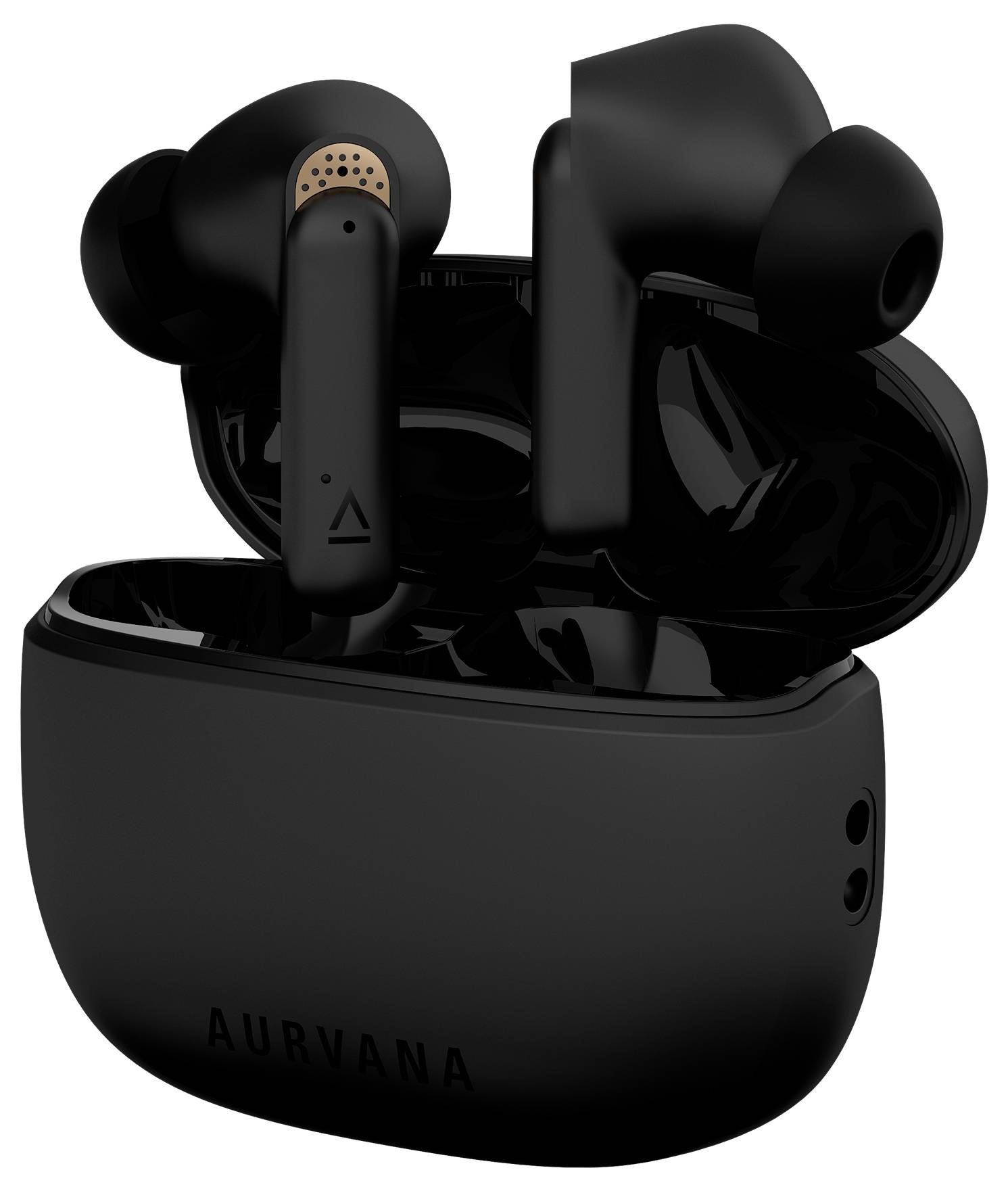 Čierne bezdrôtové in-ear slúchadlá v otvorenej nabíjacej krabičke, pohľad spredu. Nápis 'AURVANA' na krabičke.