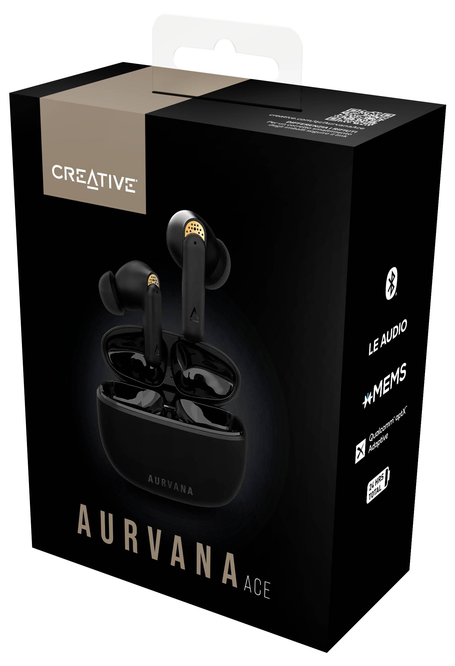Balenie s čiernymi bezdrôtovými slúchadlami značky Creative, model 'Aurvana Ace', s nabíjacím púzdrom.