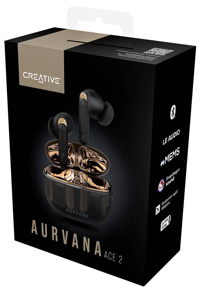 Balenie slúchadiel Creative Aurvana Ace 2. Zobrazuje produktový obrázok čierno-medených bezdrôtových in-ear slúchadiel a firemné logo.